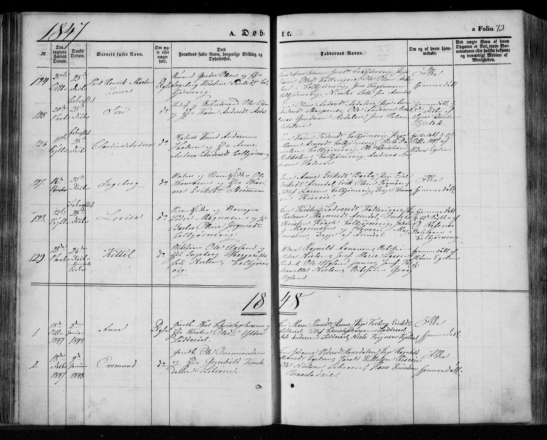 Øyestad sokneprestkontor, SAK/1111-0049/F/Fa/L0014: Parish register (official) no. A 14, 1843-1856, p. 73