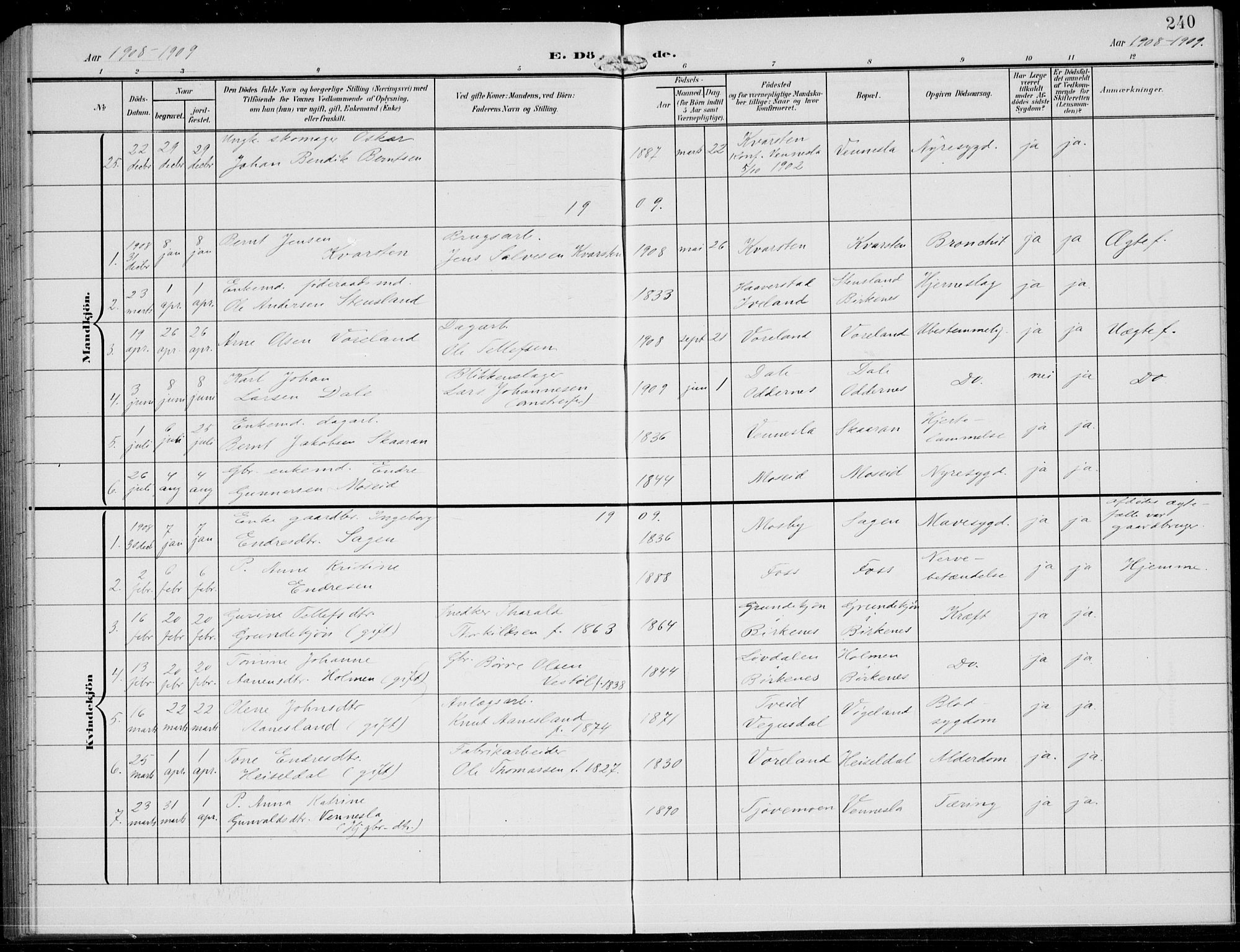 Vennesla sokneprestkontor, SAK/1111-0045/Fb/Fbb/L0005: Parish register (copy) no. B 5, 1903-1913, p. 240