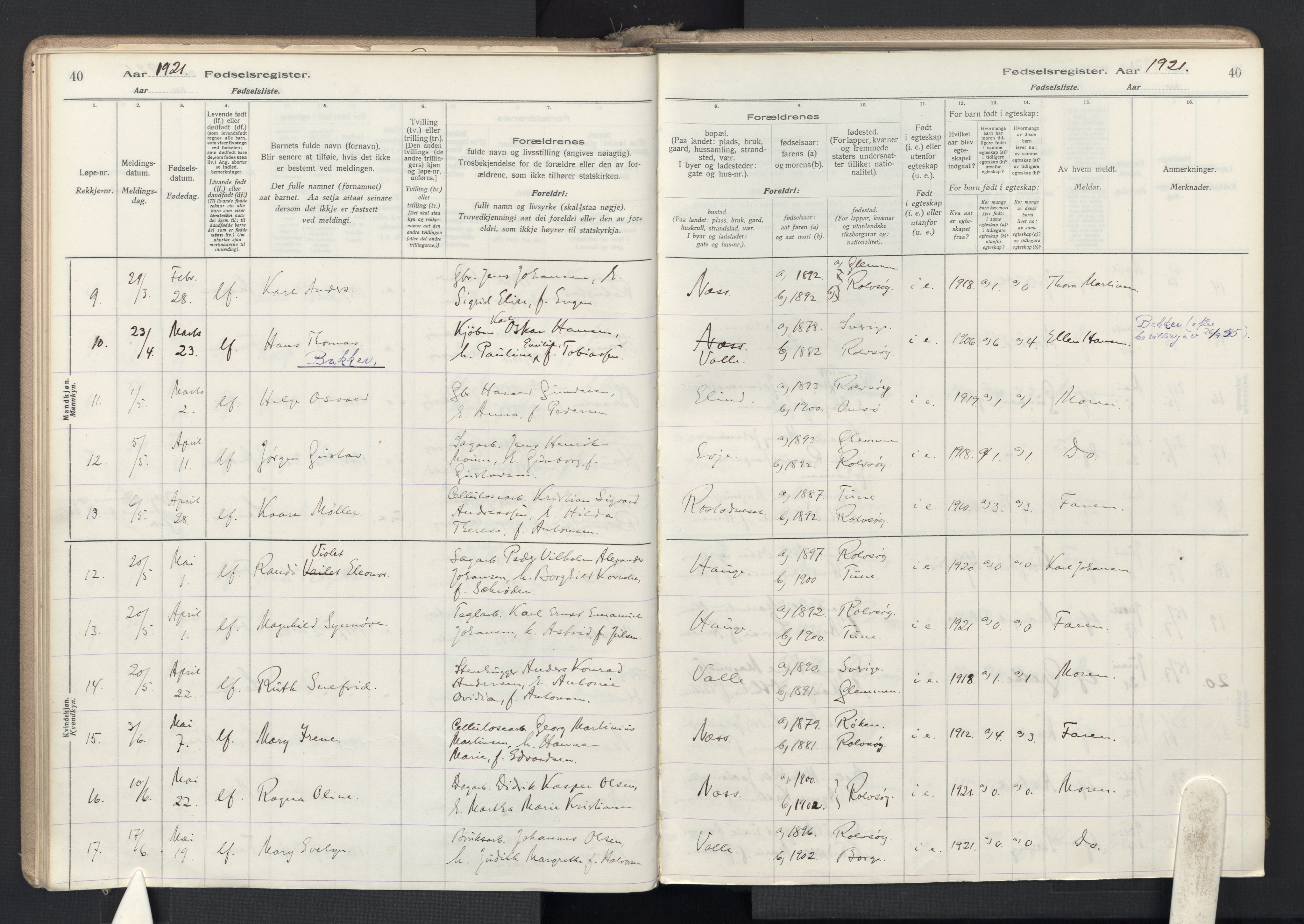 Rolvsøy prestekontor Kirkebøker, AV/SAO-A-2004/J/Ja/L0001: Birth register no. 1, 1916-1946, p. 40