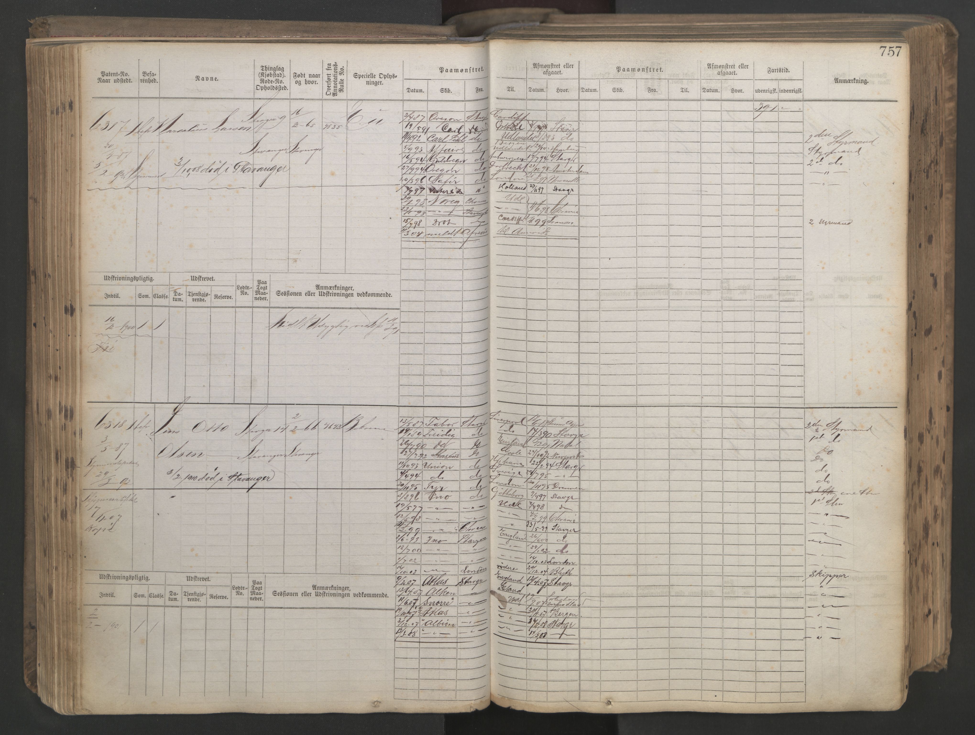 Stavanger sjømannskontor, AV/SAST-A-102006/F/Fb/Fbb/L0021: Sjøfartshovedrulle patnentnr. 6005-7204 (dublett), 1887, p. 161