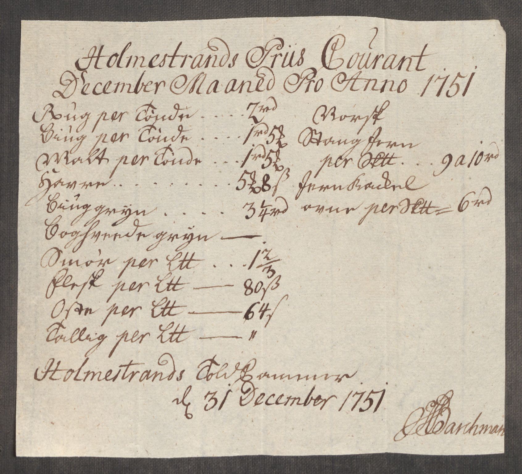 Rentekammeret inntil 1814, Realistisk ordnet avdeling, RA/EA-4070/Oe/L0004: [Ø1]: Priskuranter, 1749-1752, p. 587