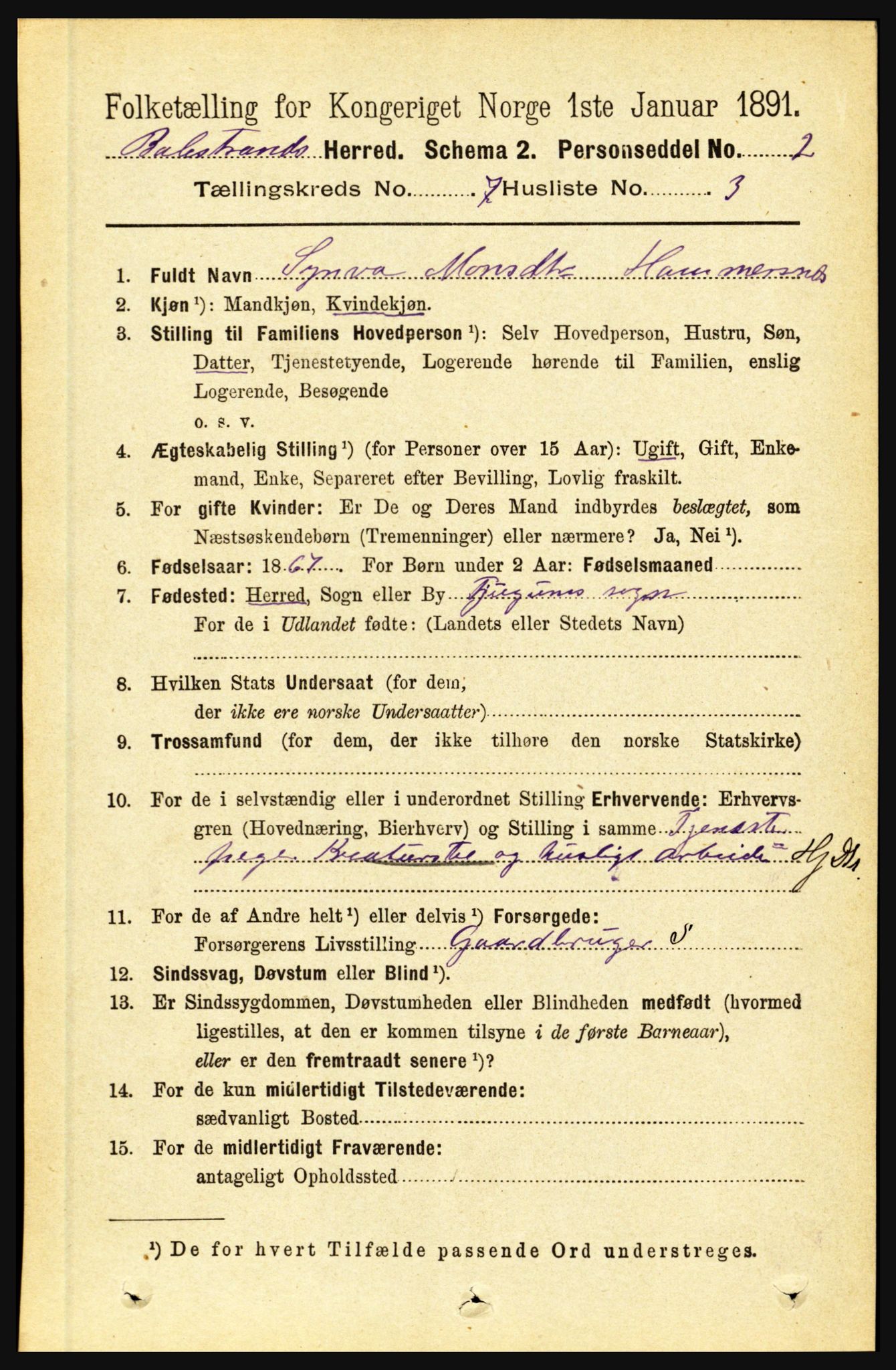 RA, 1891 census for 1418 Balestrand, 1891, p. 1530