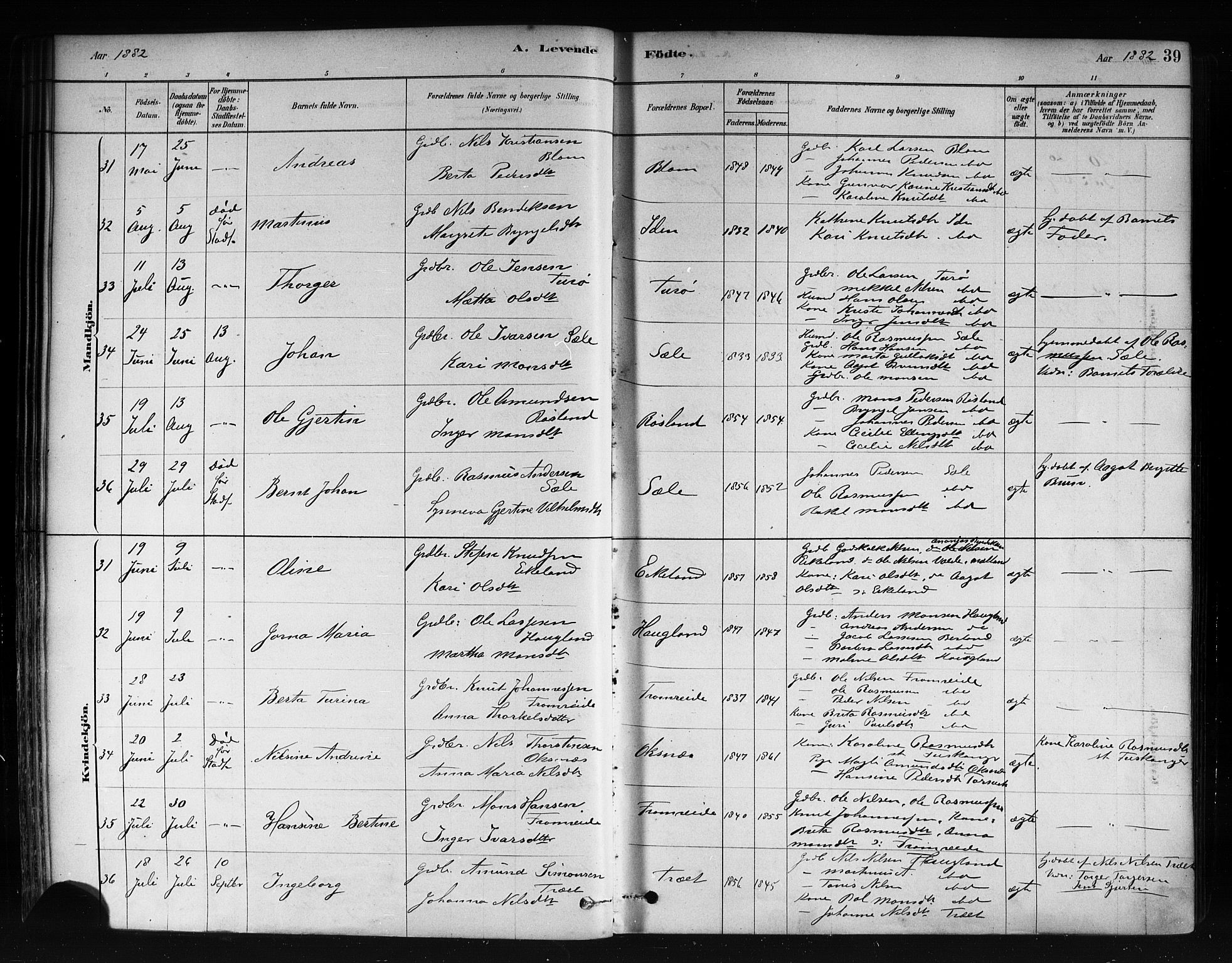 Herdla Sokneprestembete, AV/SAB-A-75701/H/Haa: Parish register (official) no. A 3, 1878-1890, p. 39