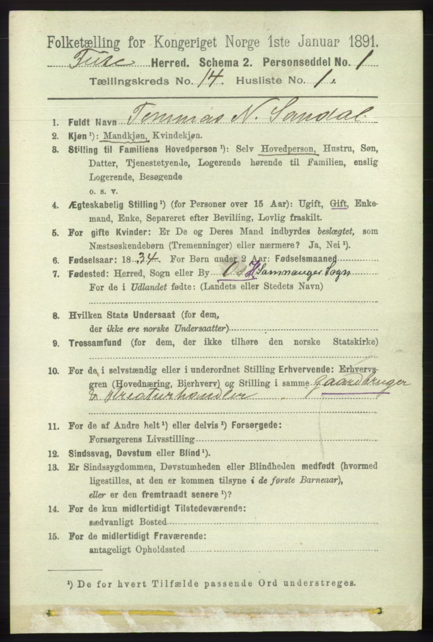RA, 1891 census for 1241 Fusa, 1891, p. 3175