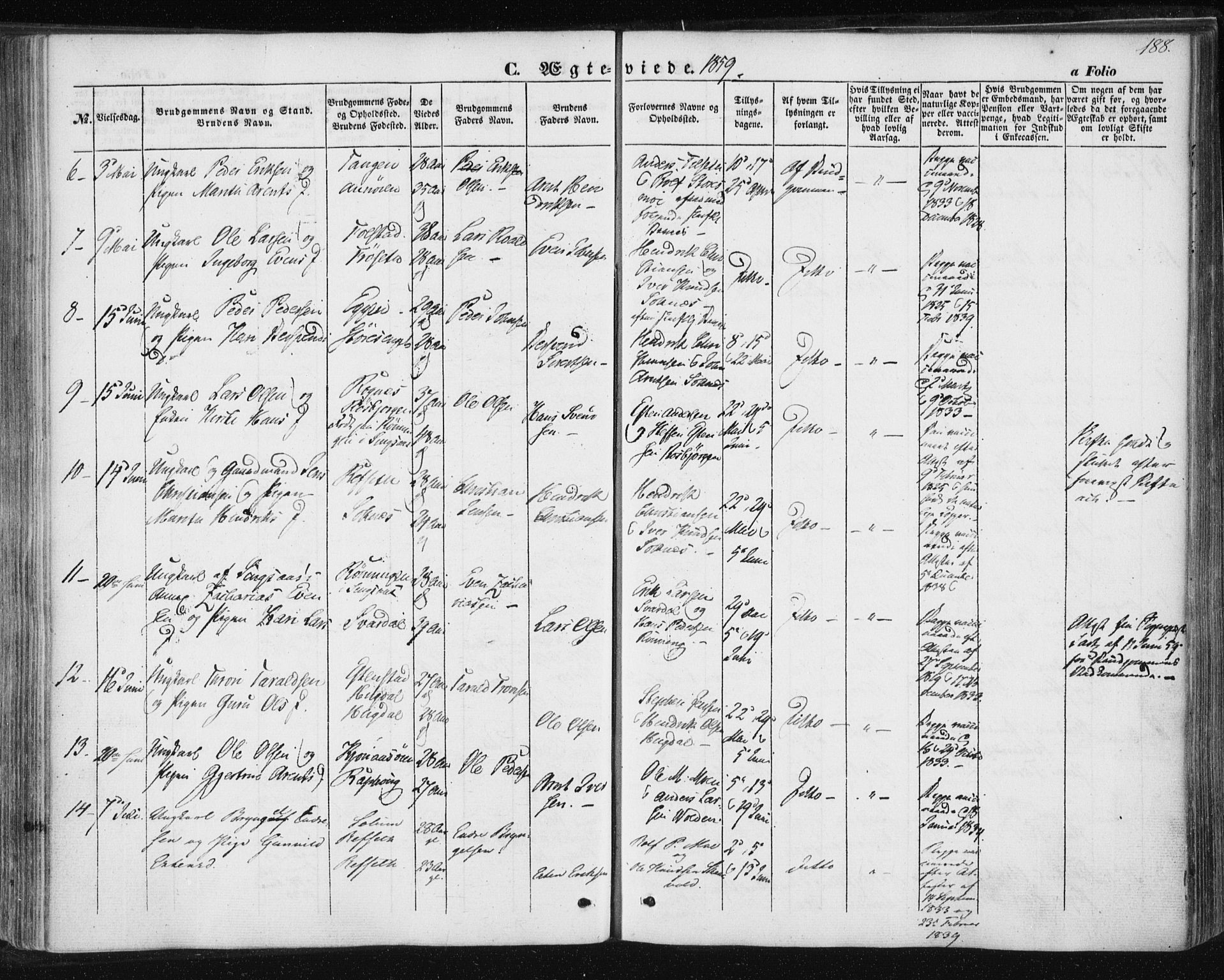 Ministerialprotokoller, klokkerbøker og fødselsregistre - Sør-Trøndelag, SAT/A-1456/687/L1000: Parish register (official) no. 687A06, 1848-1869, p. 188