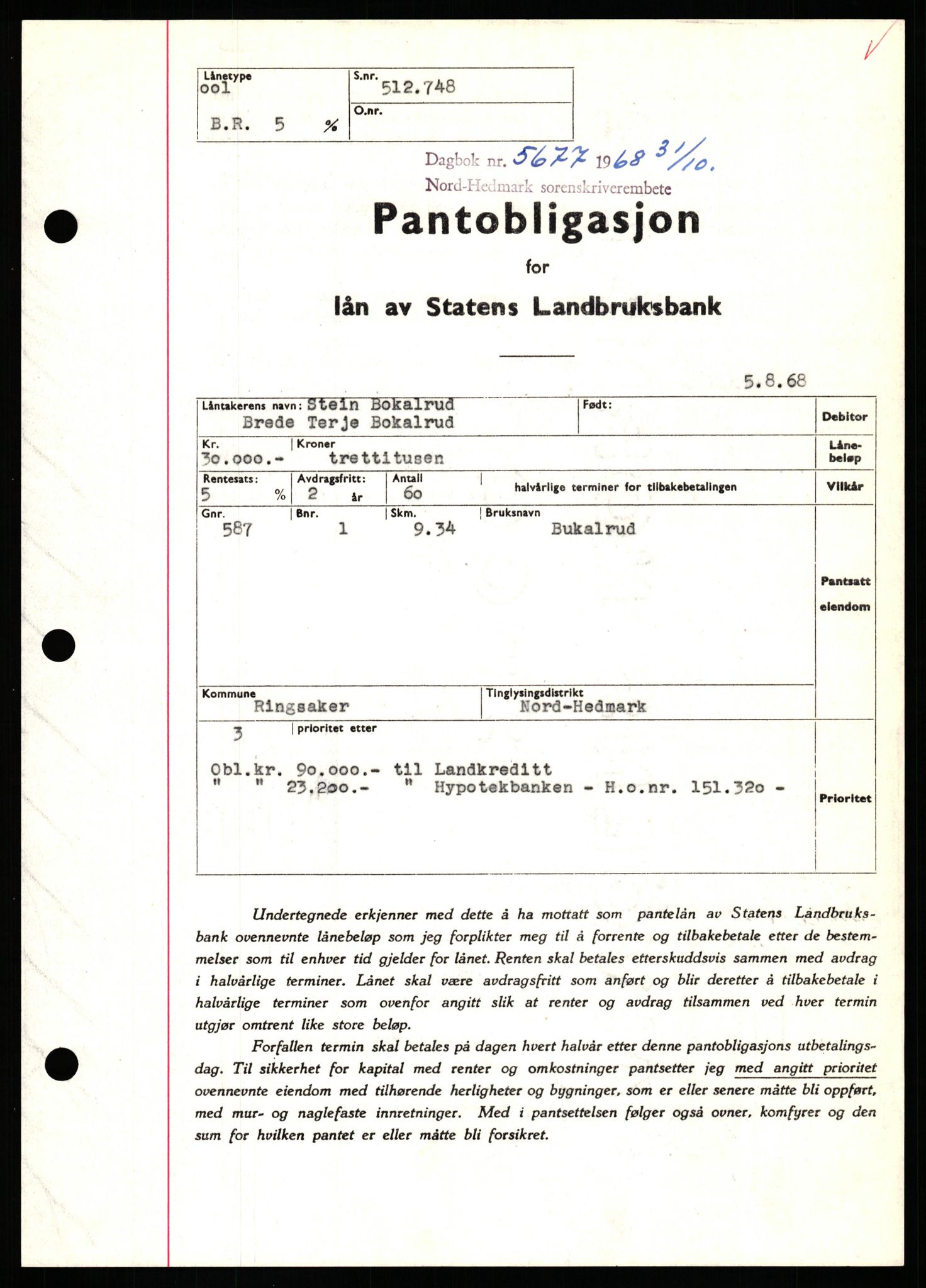 Nord-Hedmark sorenskriveri, SAH/TING-012/H/Hb/Hbf/L0077: Mortgage book no. B77, 1968-1969, Diary no: : 5677/1968