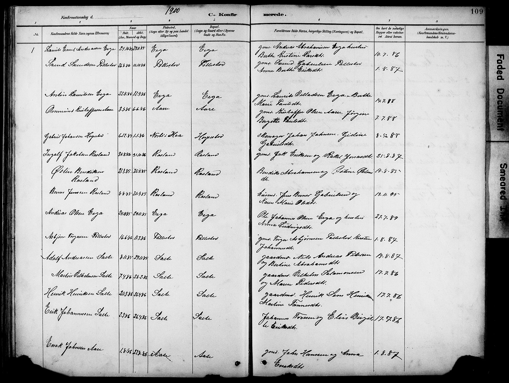 Klepp sokneprestkontor, SAST/A-101803/001/3/30BB/L0005: Parish register (copy) no. B 5, 1889-1918, p. 109
