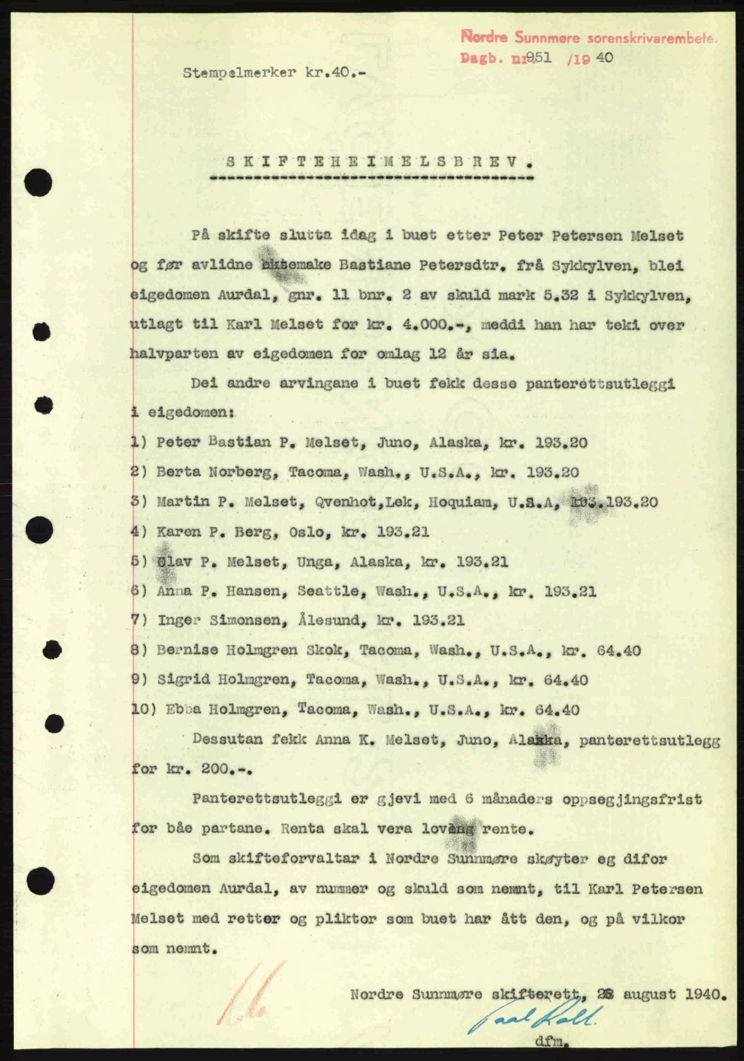 Nordre Sunnmøre sorenskriveri, AV/SAT-A-0006/1/2/2C/2Ca: Mortgage book no. A9, 1940-1940, Diary no: : 951/1940