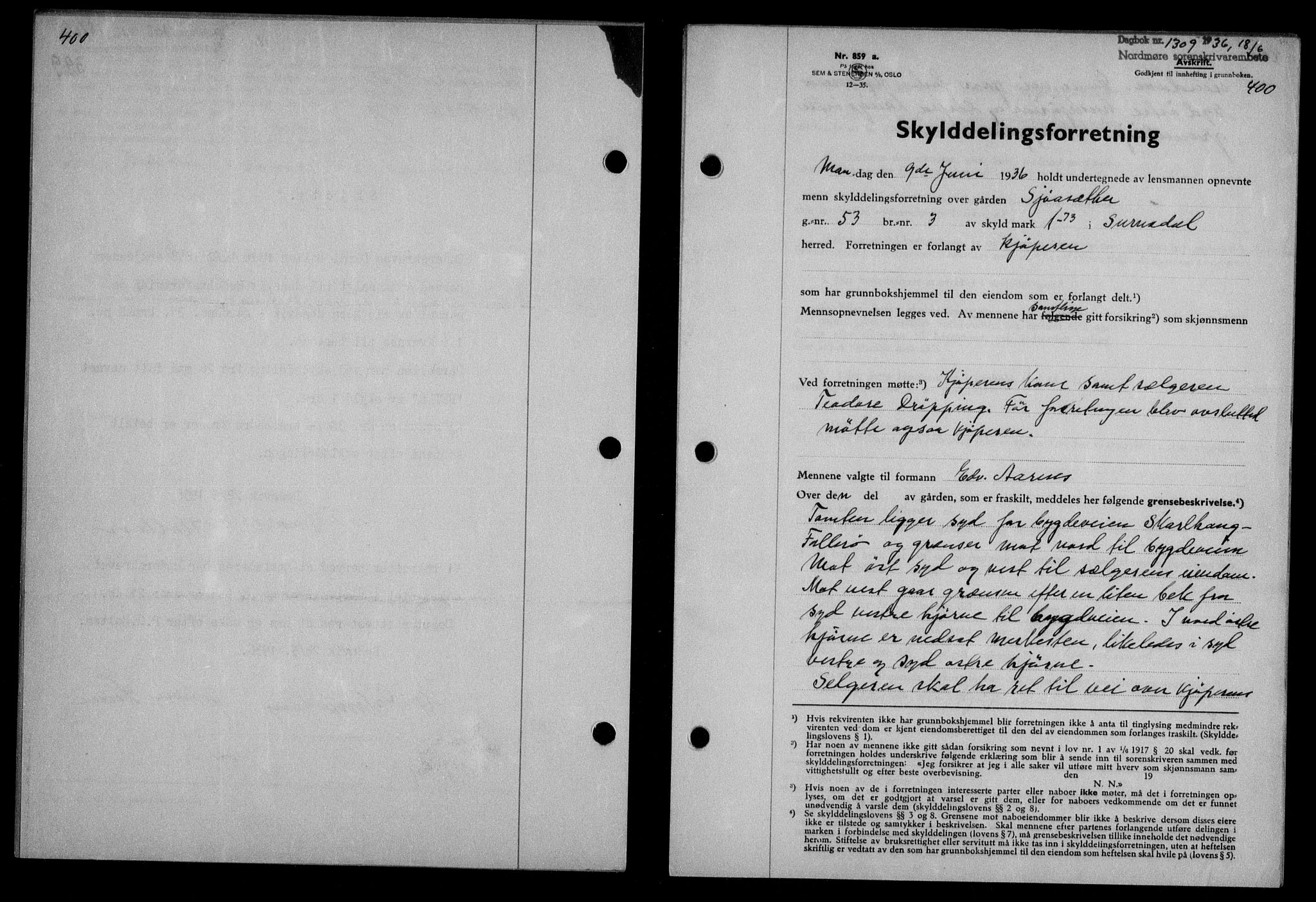 Nordmøre sorenskriveri, AV/SAT-A-4132/1/2/2Ca/L0088: Mortgage book no. 78, 1936-1936, Diary no: : 1309/1936