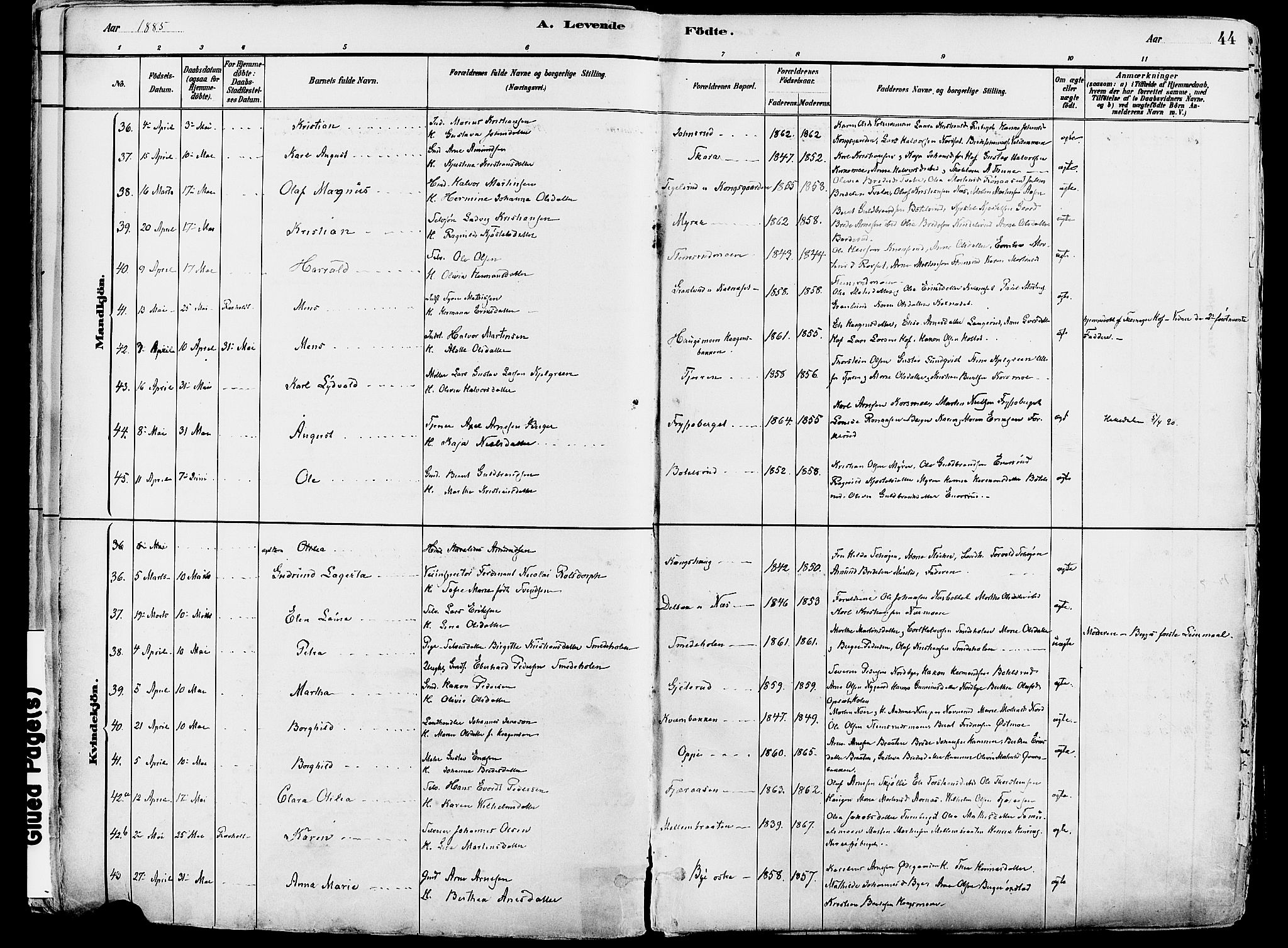Grue prestekontor, SAH/PREST-036/H/Ha/Haa/L0012: Parish register (official) no. 12, 1881-1897, p. 44