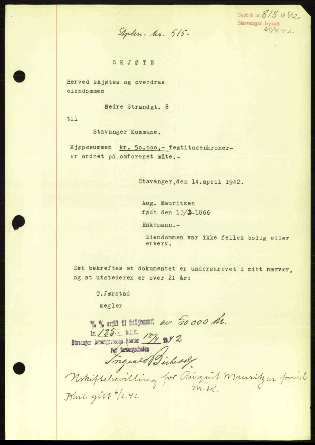 Stavanger byrett, AV/SAST-A-100455/002/G/Gb/L0017: Mortgage book no. A7, 1941-1943, Diary no: : 818/1942