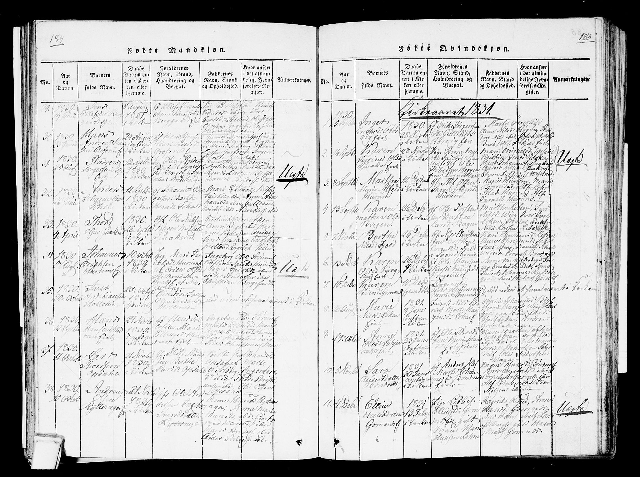 Hole kirkebøker, SAKO/A-228/F/Fa/L0004: Parish register (official) no. I 4, 1814-1833, p. 184-185