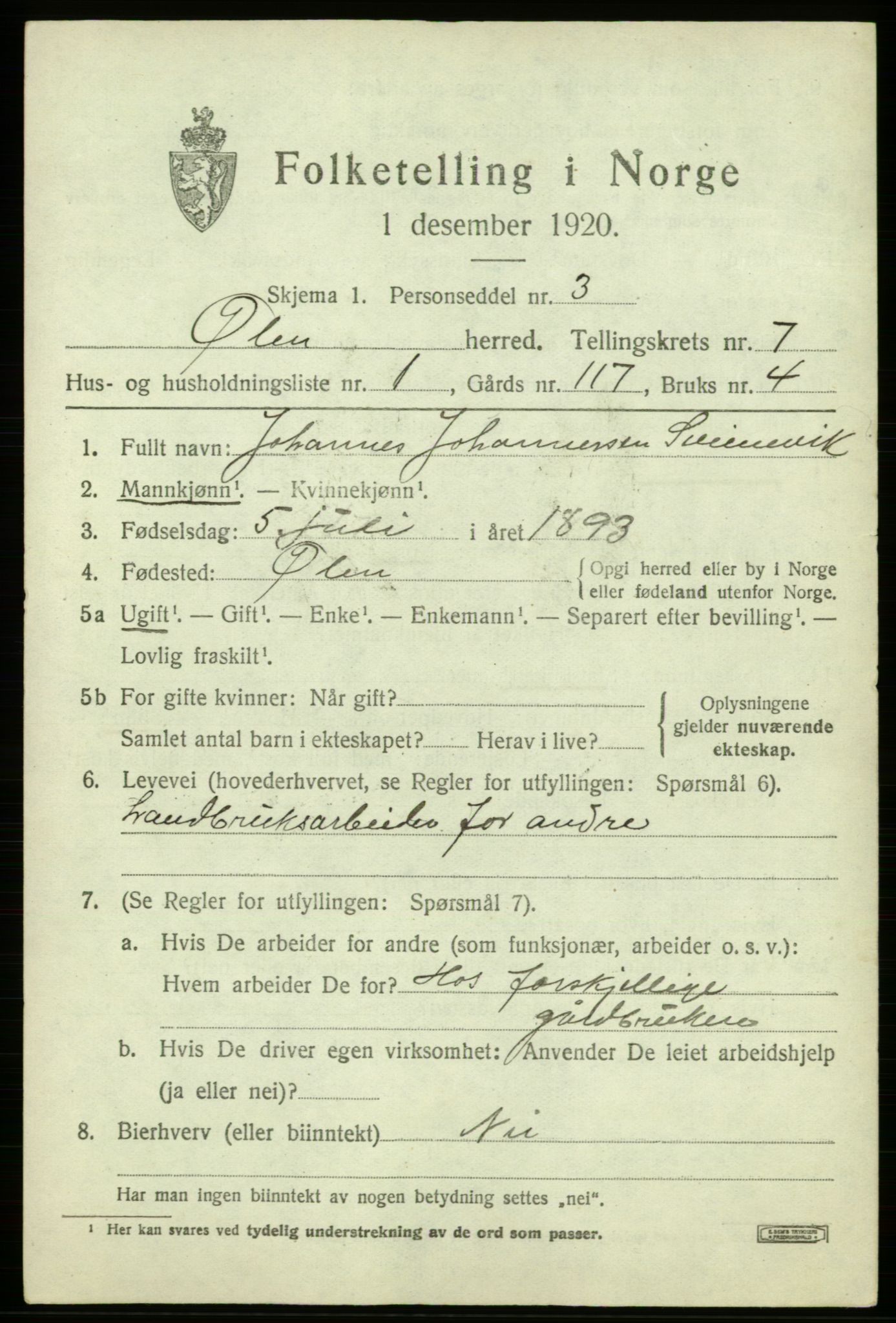 SAB, 1920 census for Ølen, 1920, p. 3161