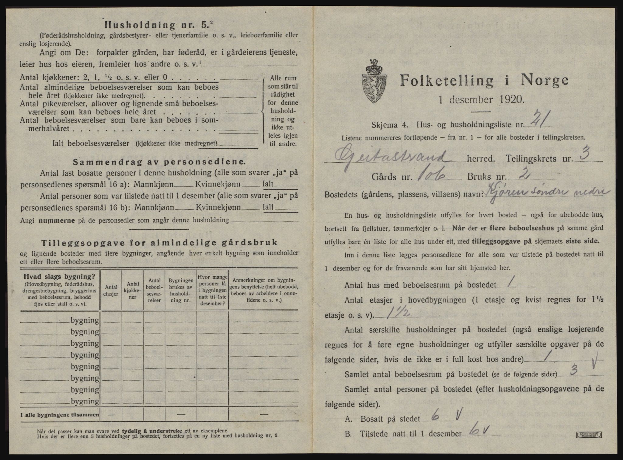 SAT, 1920 census for Geitastrand, 1920, p. 231