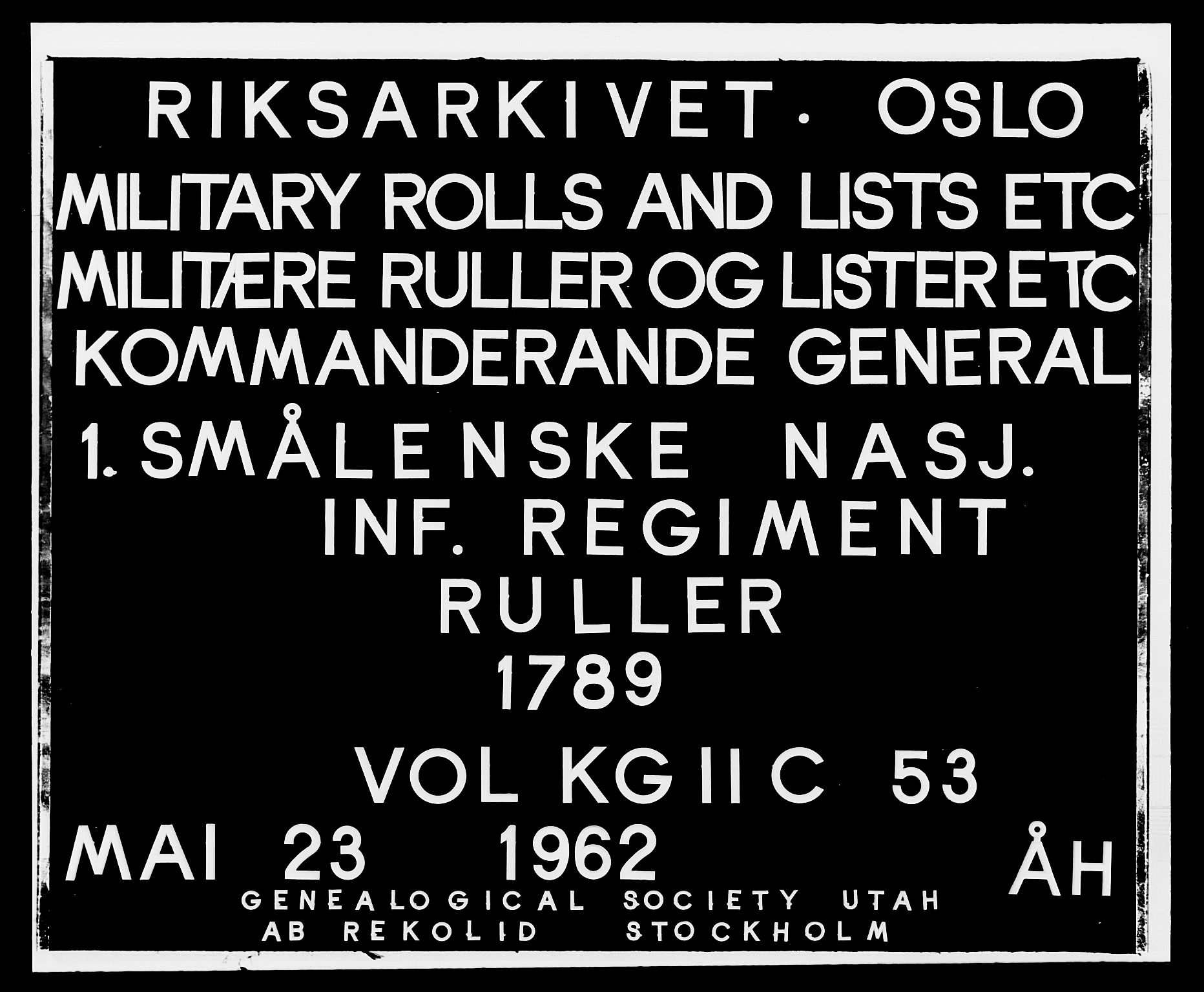 Generalitets- og kommissariatskollegiet, Det kongelige norske kommissariatskollegium, AV/RA-EA-5420/E/Eh/L0053: 1. Smålenske nasjonale infanteriregiment, 1789, p. 1