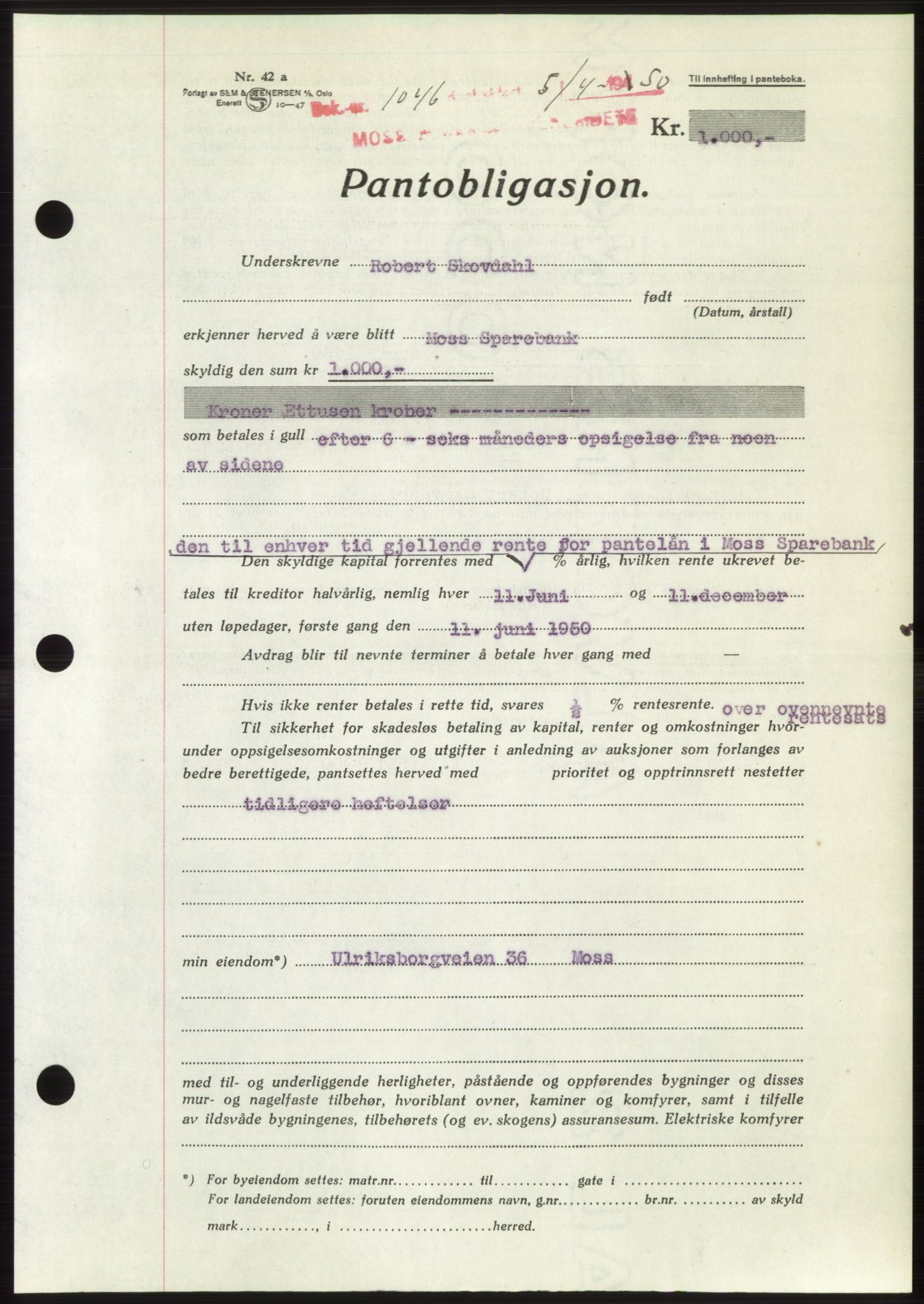 Moss sorenskriveri, AV/SAO-A-10168: Mortgage book no. B24, 1950-1950, Diary no: : 1046/1950