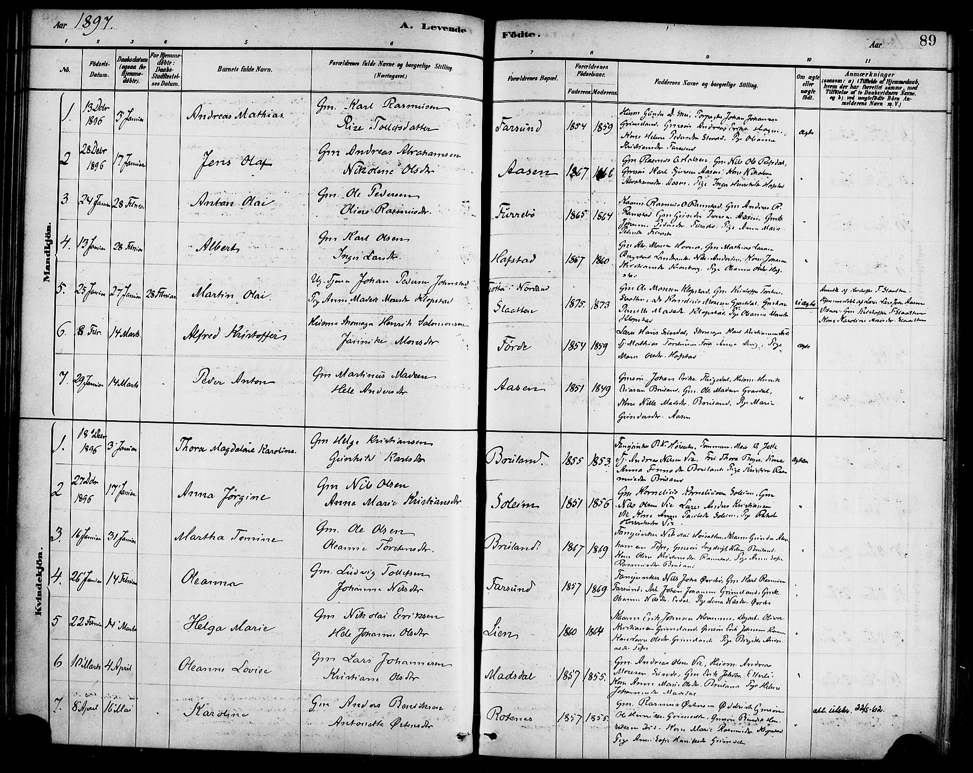 Førde sokneprestembete, SAB/A-79901/H/Haa/Haab/L0001: Parish register (official) no. B 1, 1880-1898, p. 89