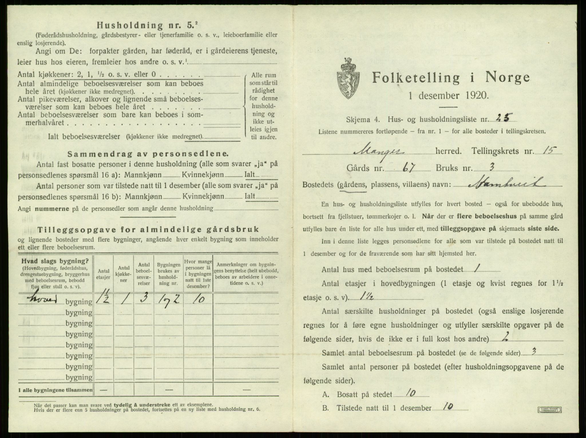 SAB, 1920 census for Manger, 1920, p. 1172