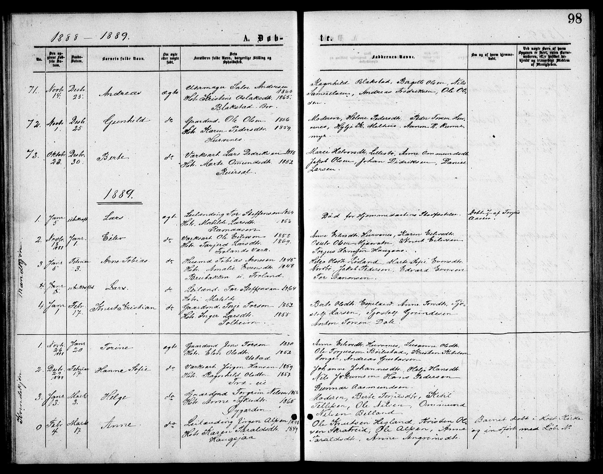 Froland sokneprestkontor, AV/SAK-1111-0013/F/Fb/L0009: Parish register (copy) no. B 9, 1875-1893, p. 98