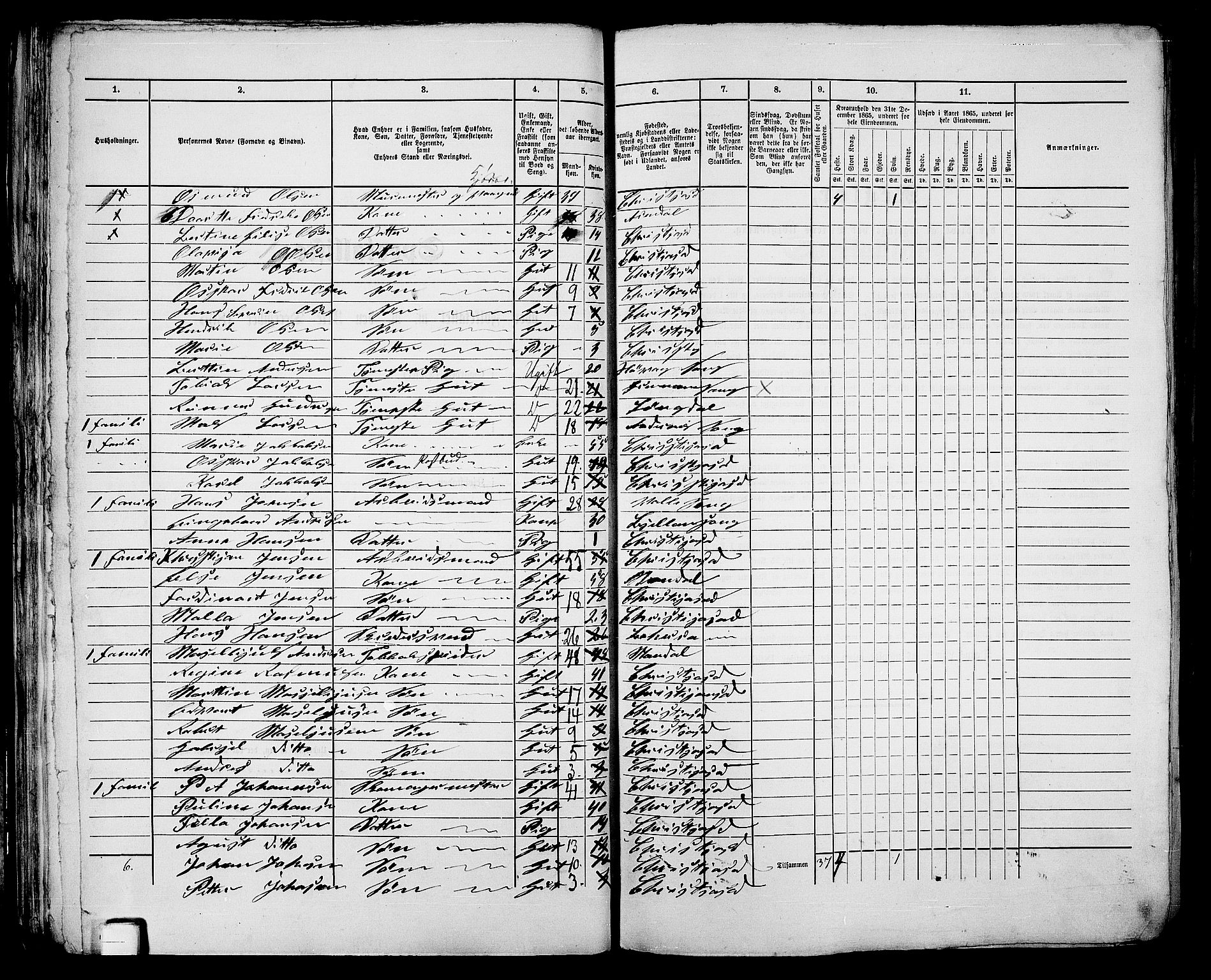 RA, 1865 census for Kristiansand, 1865, p. 65