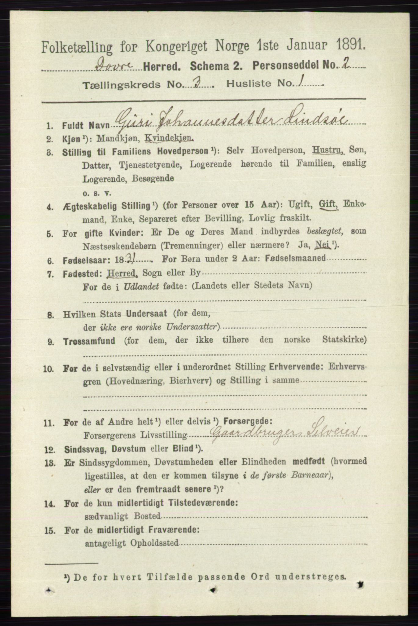 RA, 1891 census for 0511 Dovre, 1891, p. 1397