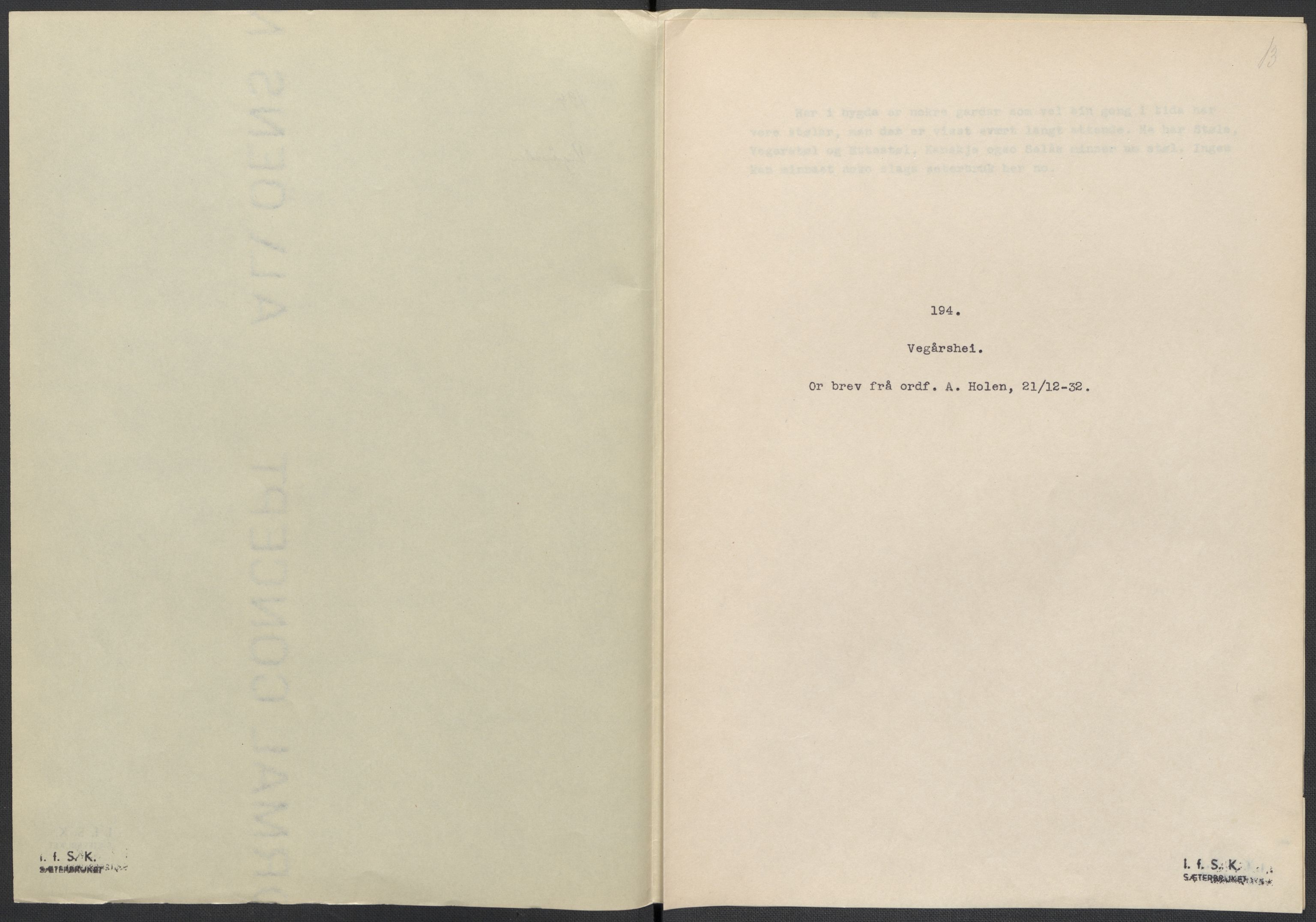 Instituttet for sammenlignende kulturforskning, AV/RA-PA-0424/F/Fc/L0008/0001: Eske B8: / Aust-Agder (perm XIX), 1932-1938, p. 13