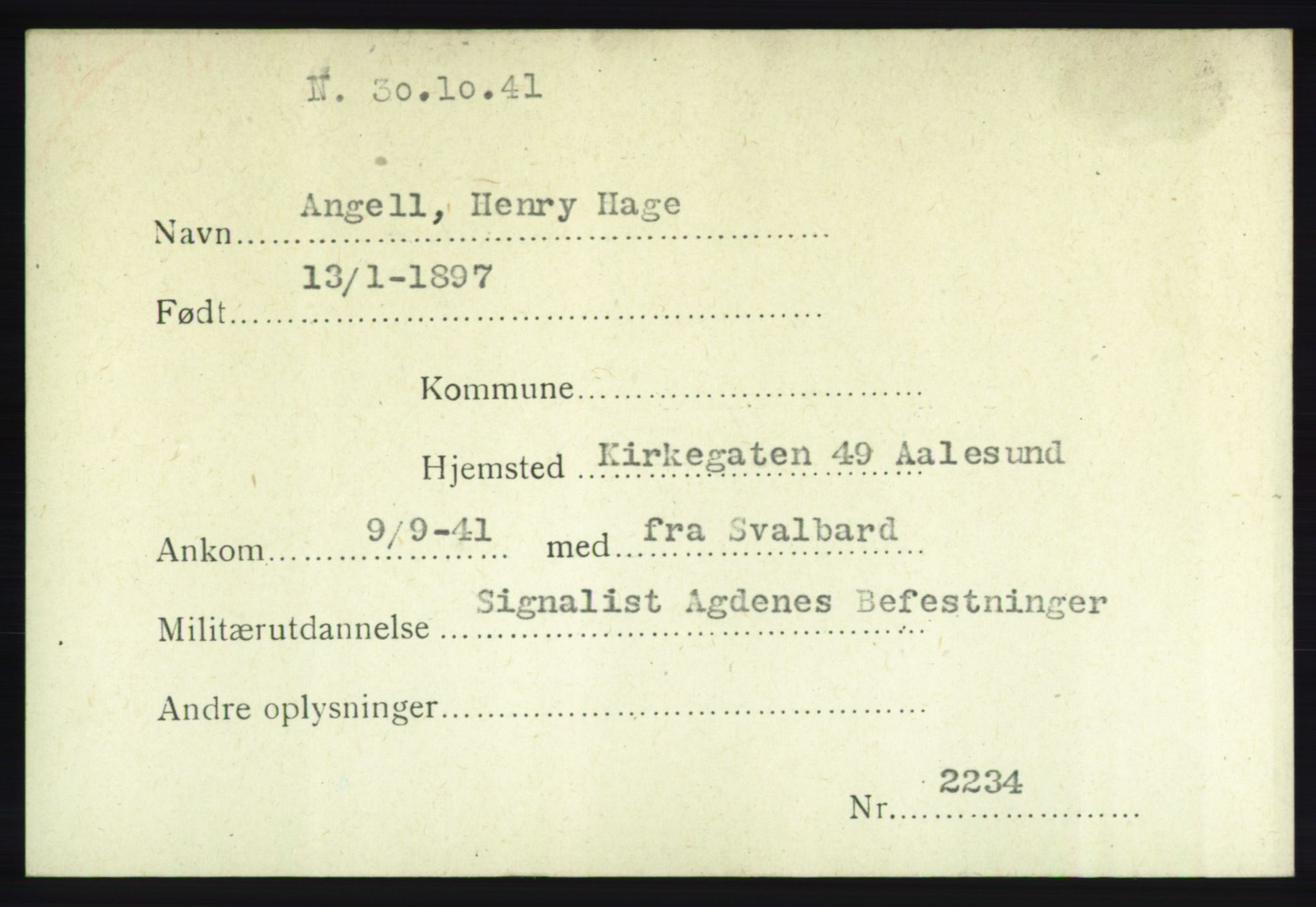 Forsvarets Overkommando. 2. kontor. Arkiv 8.1. Mottakersentralen FDE og FO.II, AV/RA-RAFA-6952/P/Pa/L0002: Angell - Beylegaard , 1940-1945, p. 3