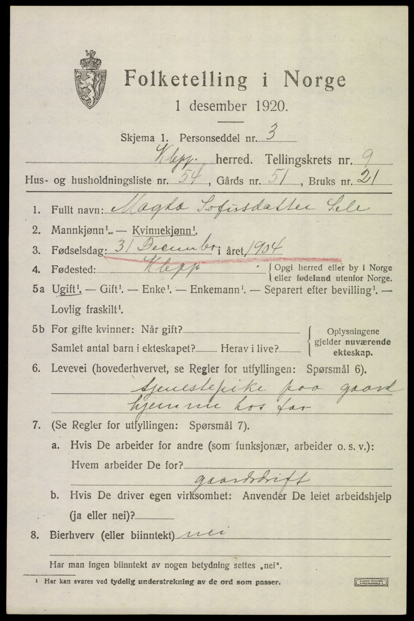 SAST, 1920 census for Klepp, 1920, p. 8246