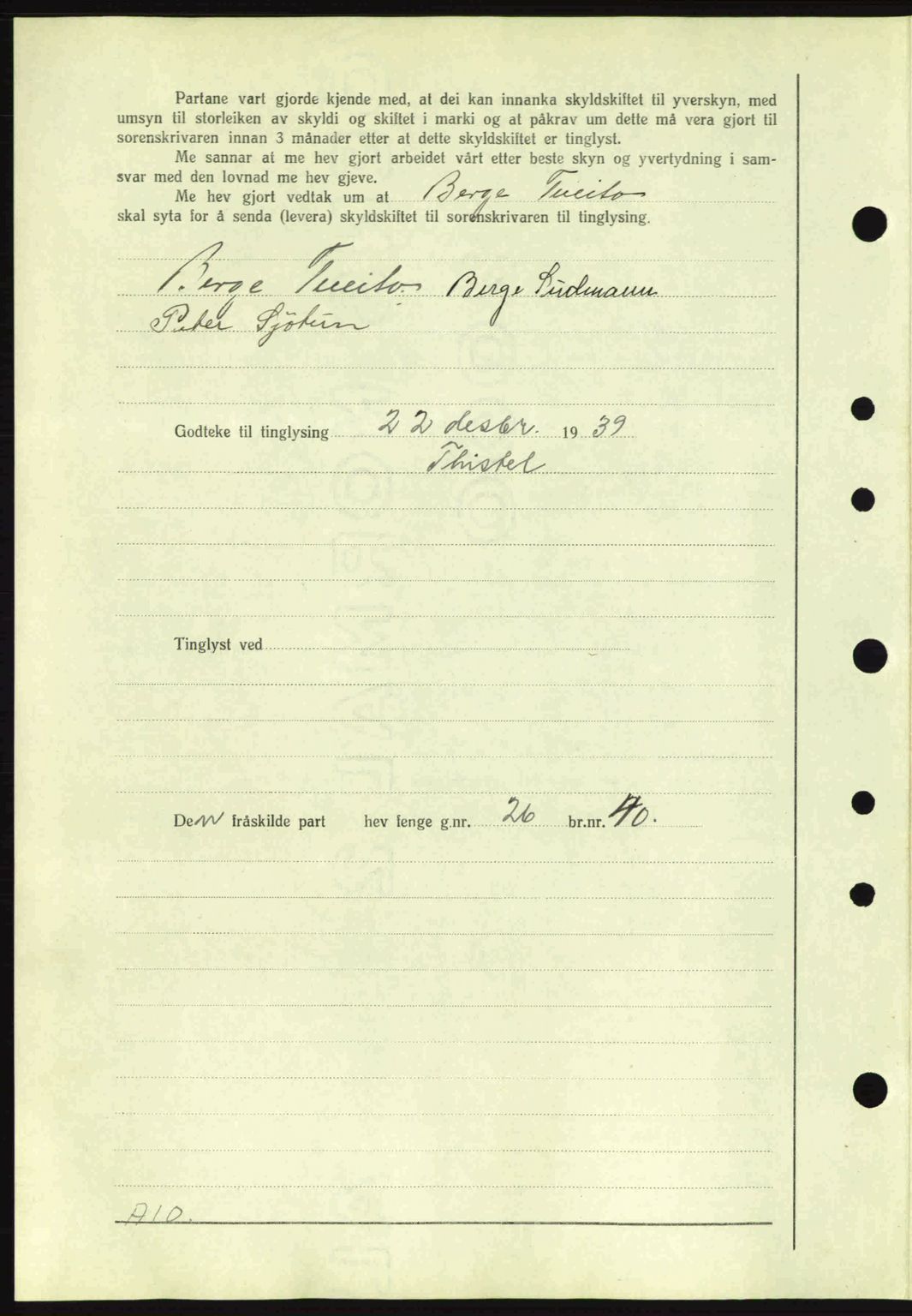 Nordhordland sorenskrivar, SAB/A-2901/1/G/Gb/Gbf/L0010: Mortgage book no. A10, 1939-1940, Diary no: : 3420/1939