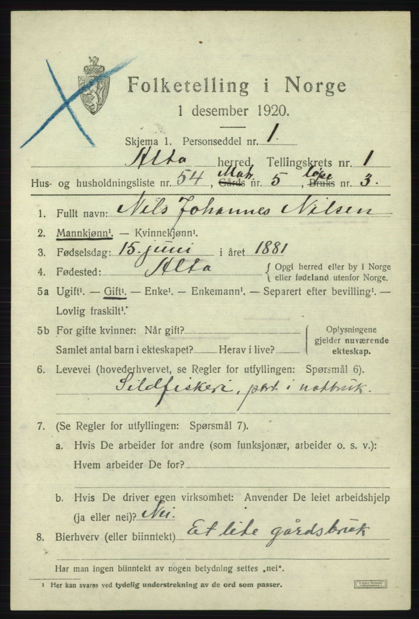 SATØ, 1920 census for Alta, 1920, p. 1787
