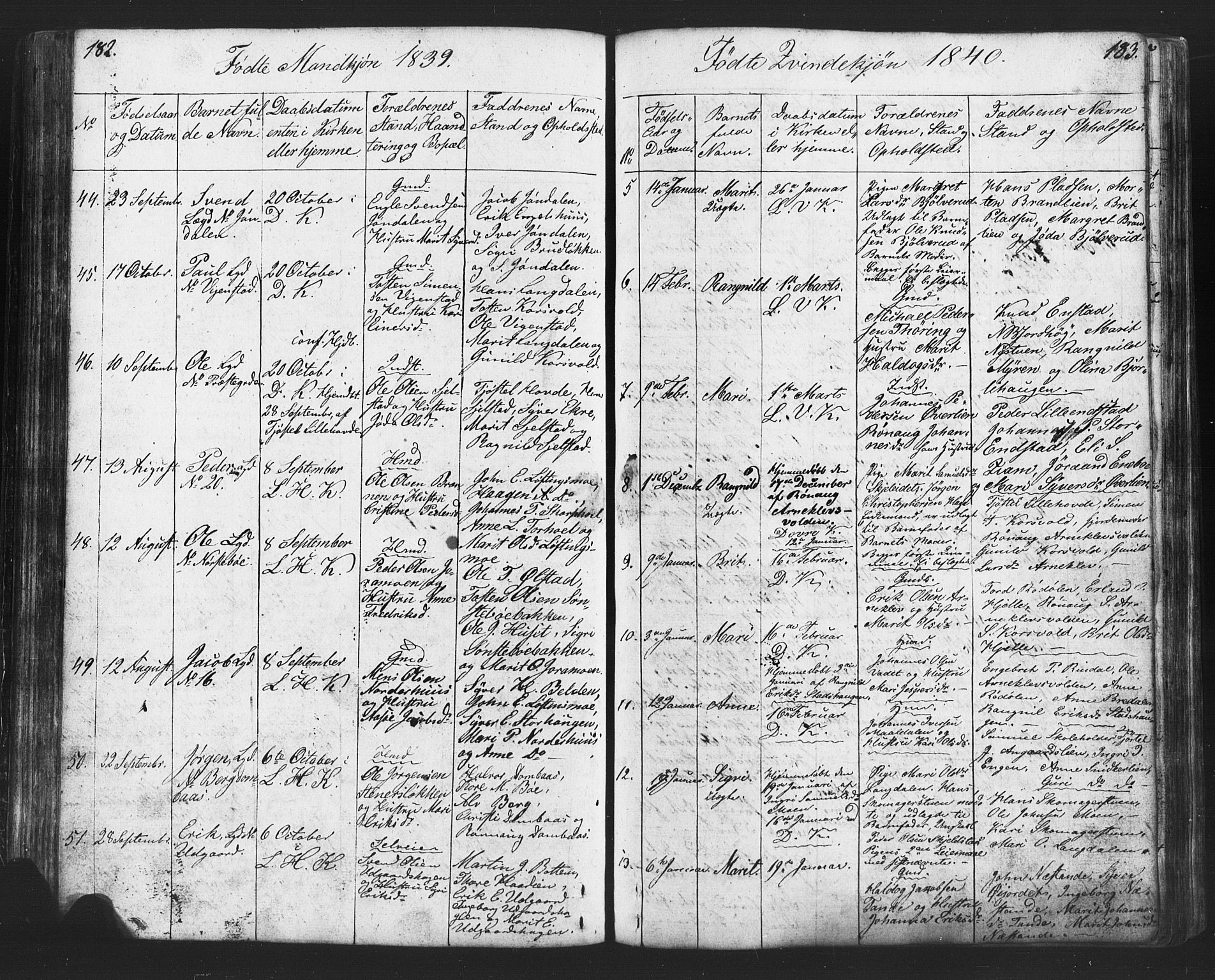 Lesja prestekontor, SAH/PREST-068/H/Ha/Hab/L0002: Parish register (copy) no. 2, 1832-1850, p. 182-183