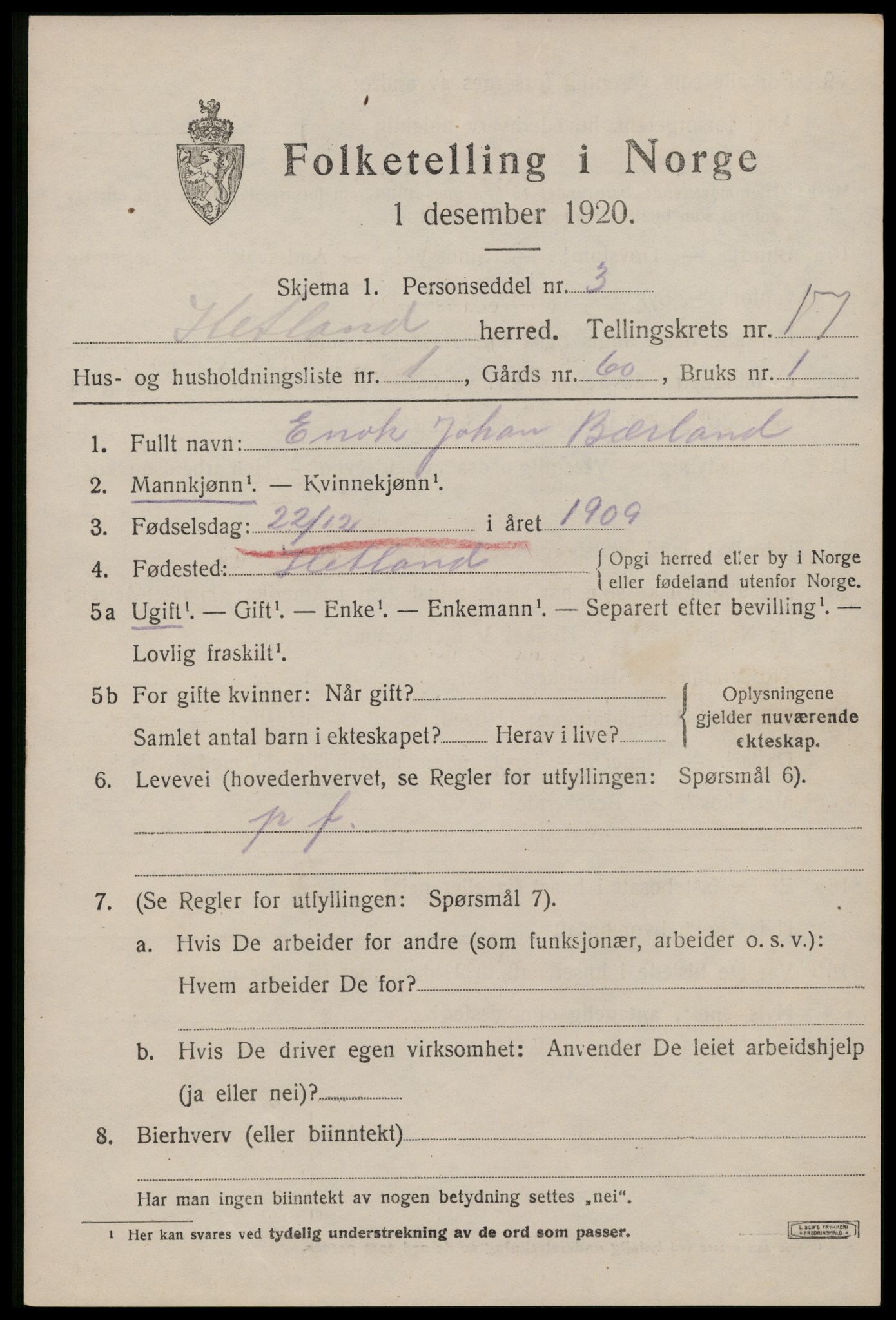 SAST, 1920 census for Hetland, 1920, p. 24543