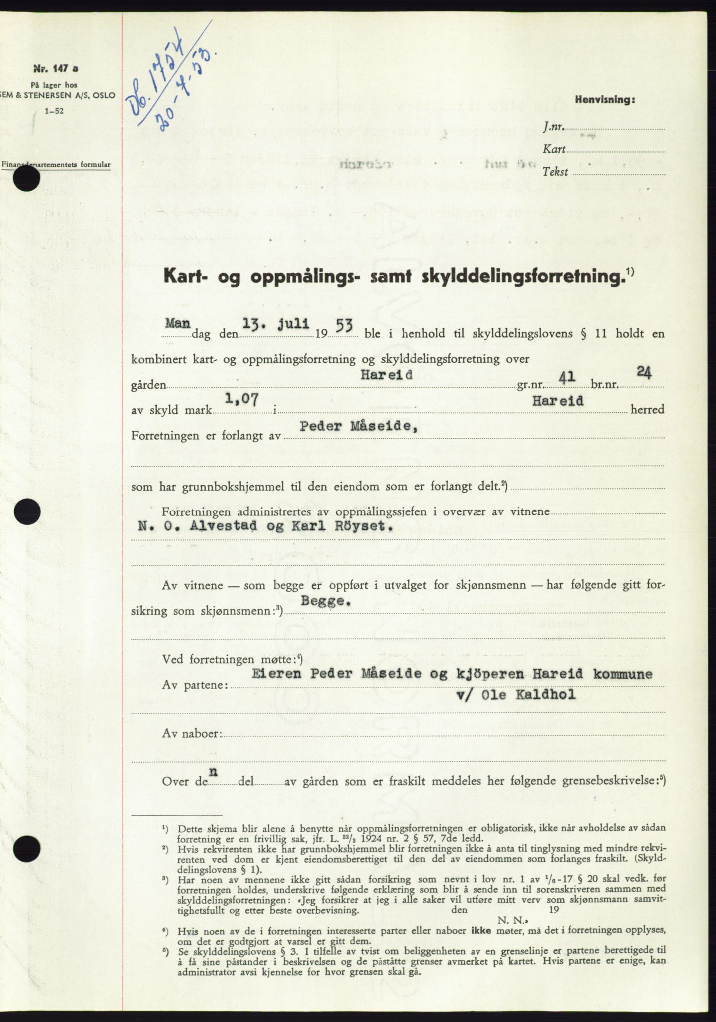 Søre Sunnmøre sorenskriveri, AV/SAT-A-4122/1/2/2C/L0095: Mortgage book no. 21A, 1953-1953, Diary no: : 1754/1953