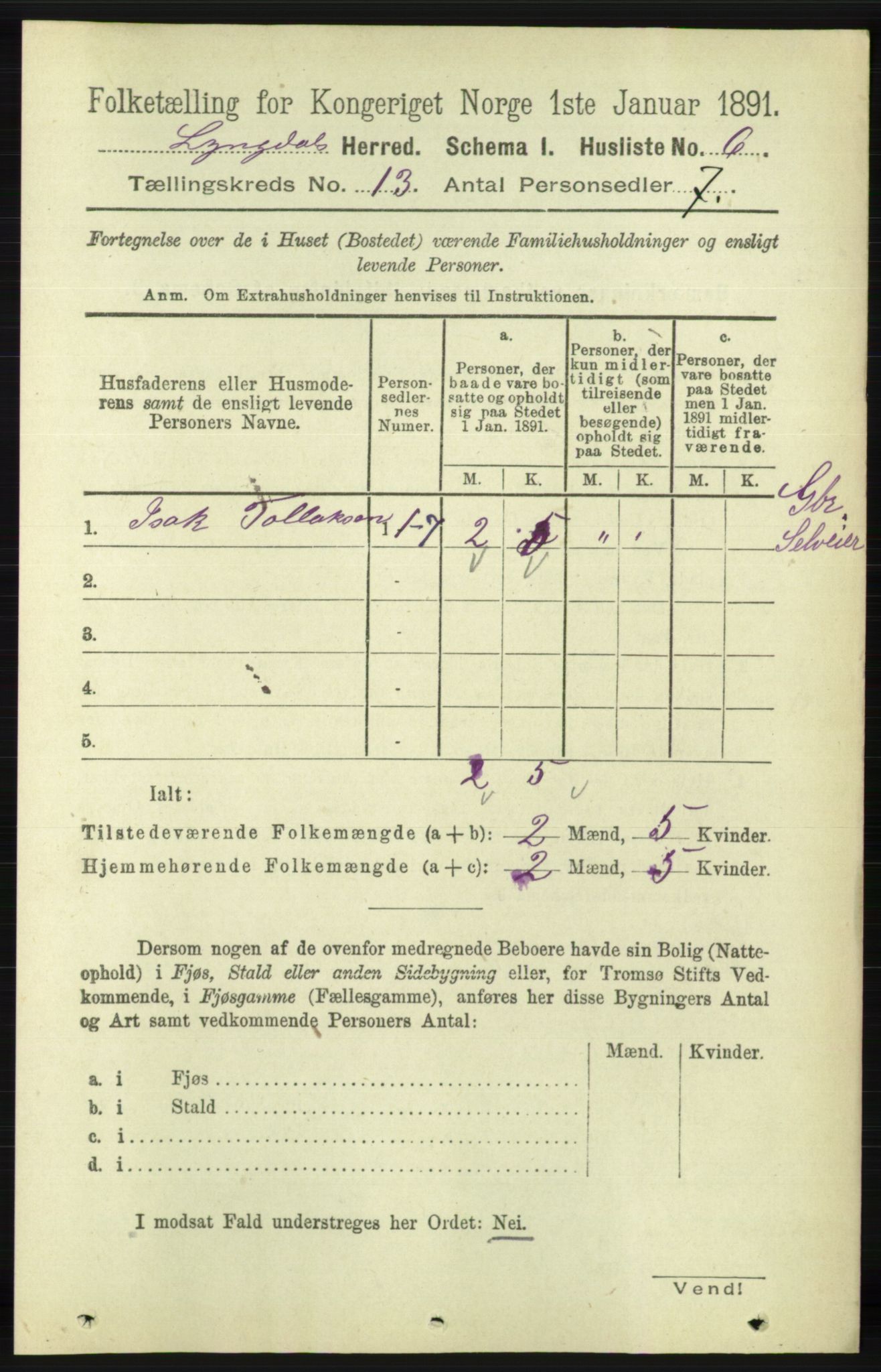 RA, 1891 census for 1032 Lyngdal, 1891, p. 5564