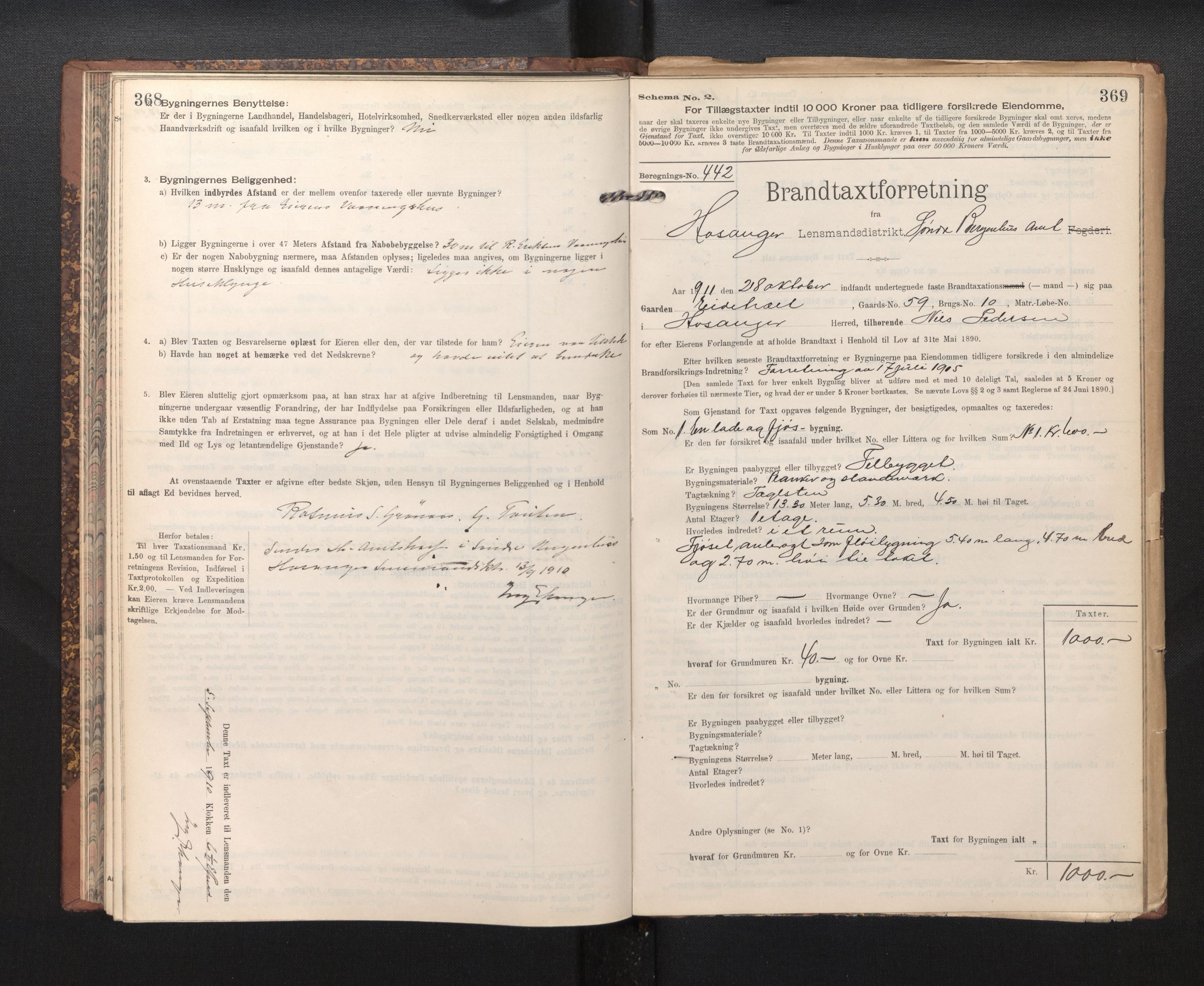 Lensmannen i Hosanger, SAB/A-33001/0012/L0005: Branntakstprotokoll, skjematakst, 1905-1916, p. 368-369