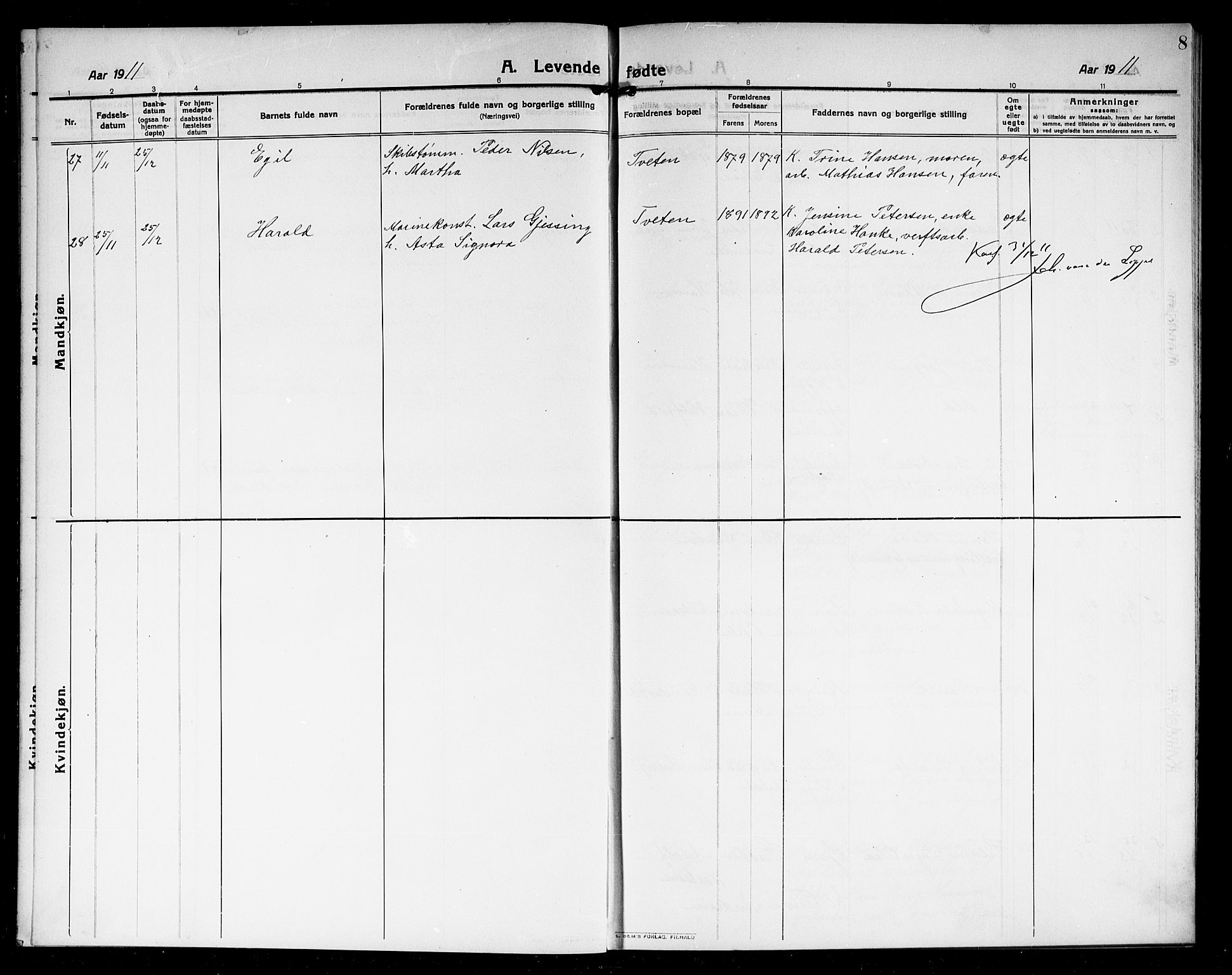 Borre kirkebøker, SAKO/A-338/G/Ga/L0006: Parish register (copy) no. I 6, 1911-1919, p. 8