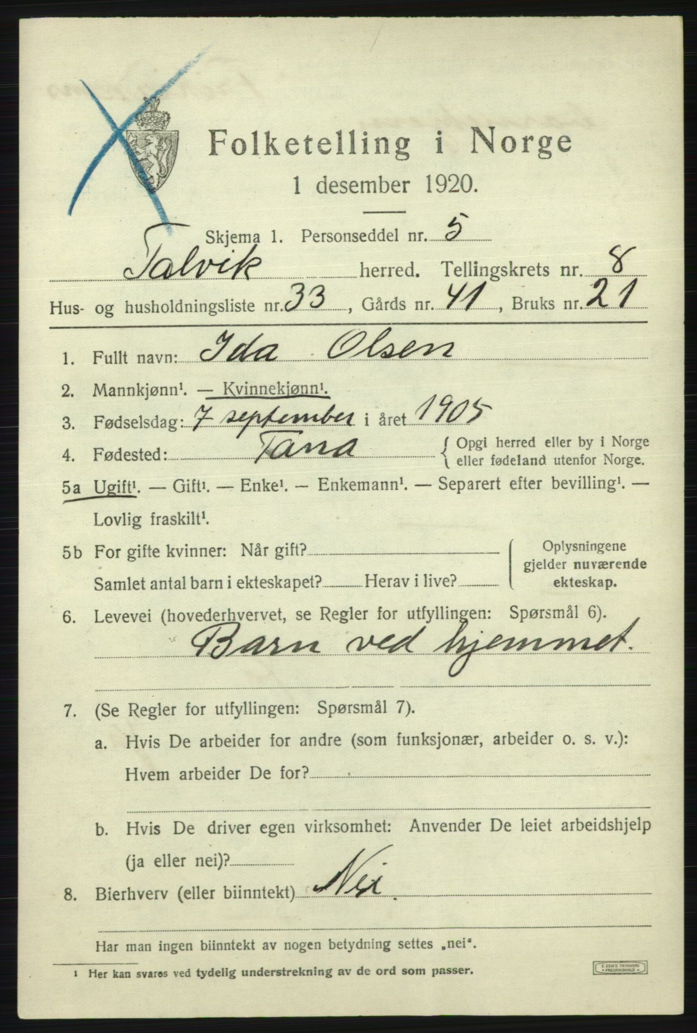 SATØ, 1920 census for Talvik, 1920, p. 5342