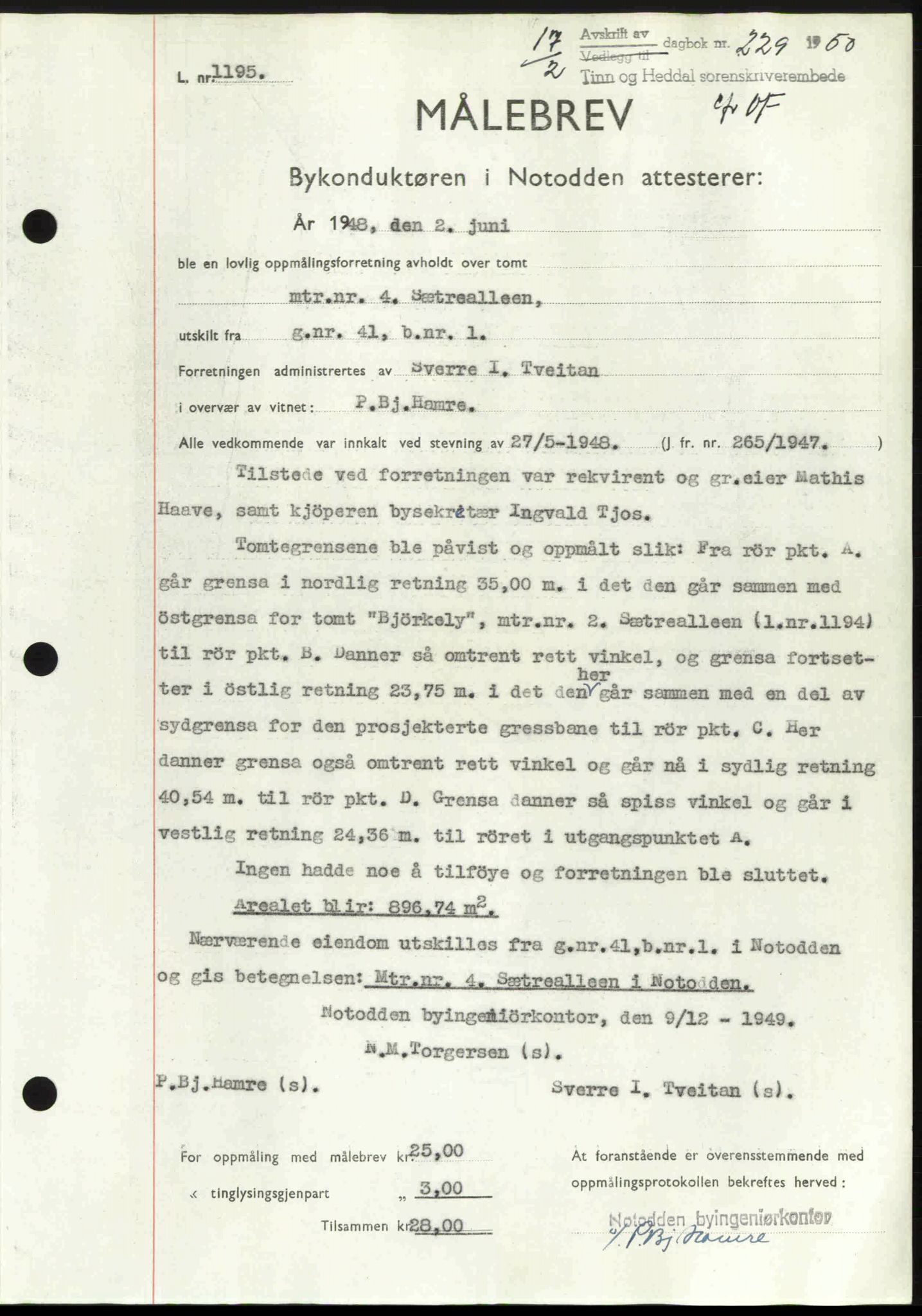 Tinn og Heddal sorenskriveri, AV/SAKO-A-212/G/Ga/L0014: Mortgage book no. 14, 1949-1950, Diary no: : 229/1950
