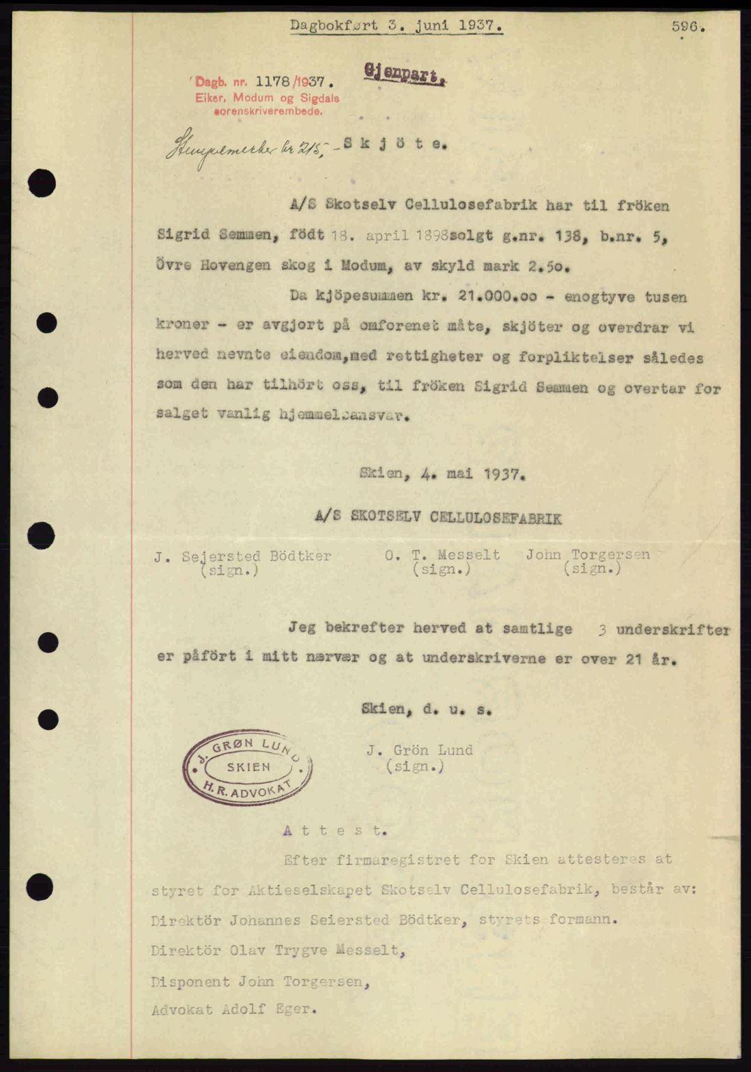 Eiker, Modum og Sigdal sorenskriveri, SAKO/A-123/G/Ga/Gab/L0035: Mortgage book no. A5, 1937-1937, Diary no: : 1178/1937