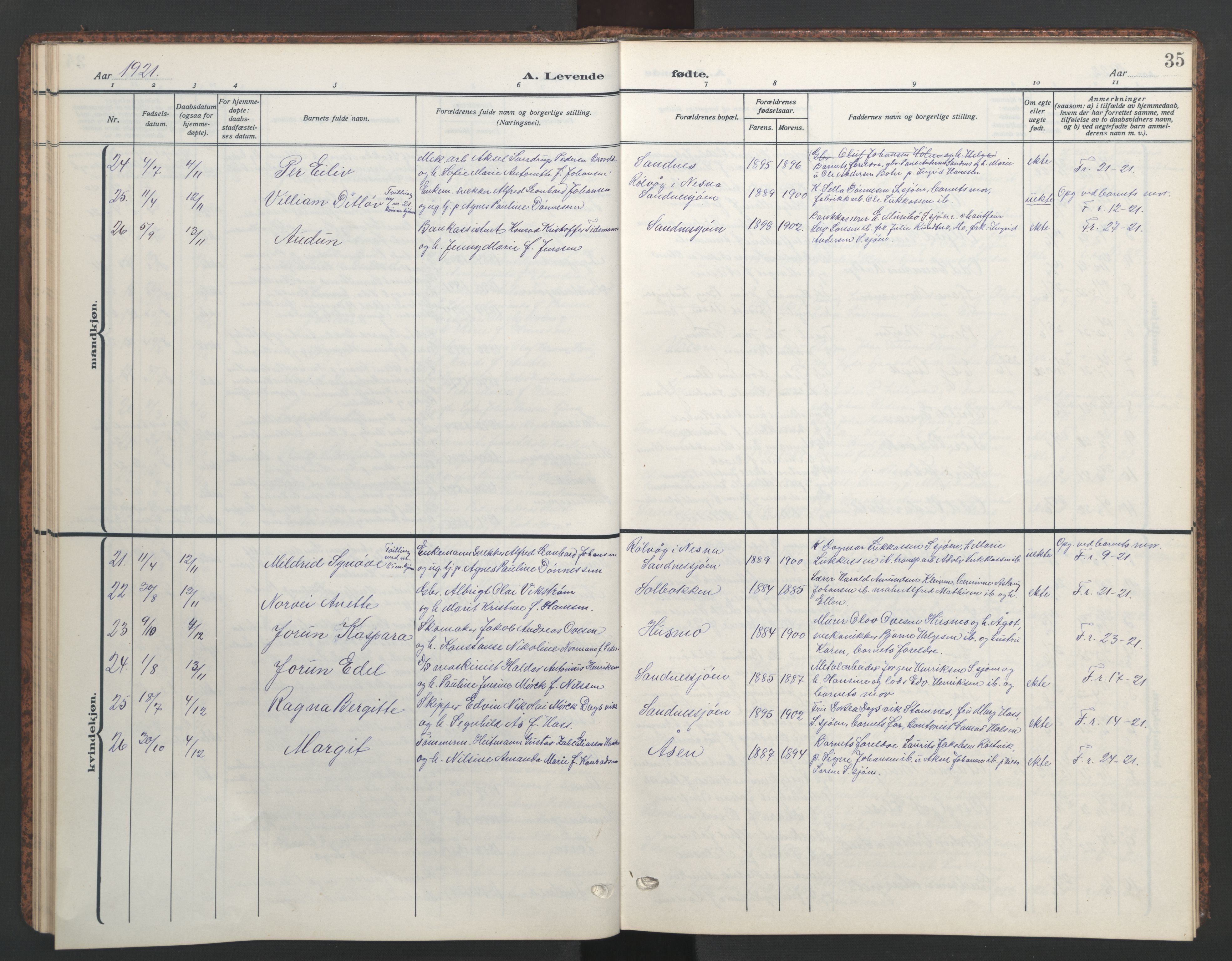 Ministerialprotokoller, klokkerbøker og fødselsregistre - Nordland, AV/SAT-A-1459/831/L0480: Parish register (copy) no. 831C07, 1909-1946, p. 35