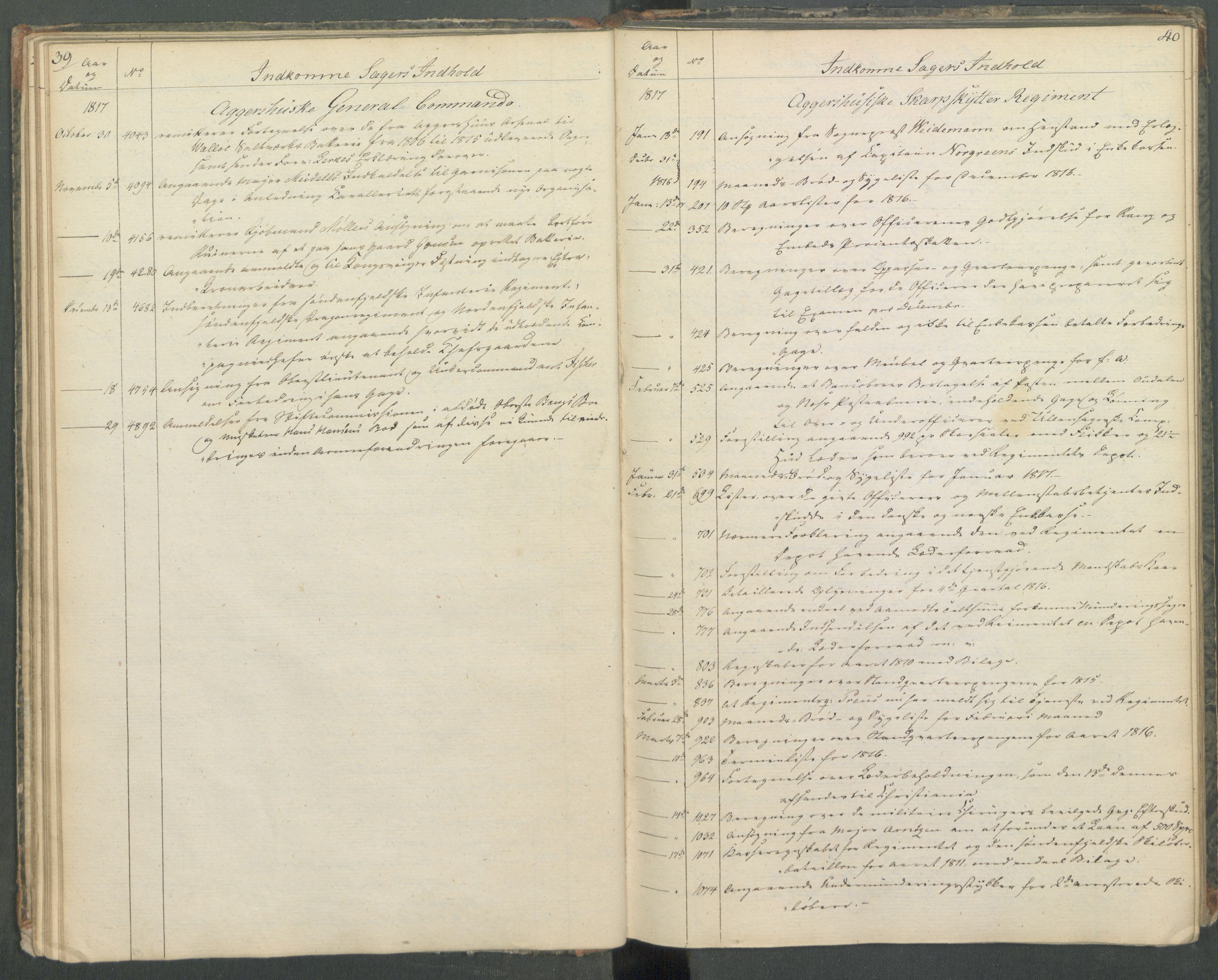 Armédepartementet, AV/RA-RAFA-3493/C/Ca/L0013: 6. Departements register over innkomne saker, 1817, p. 39-40