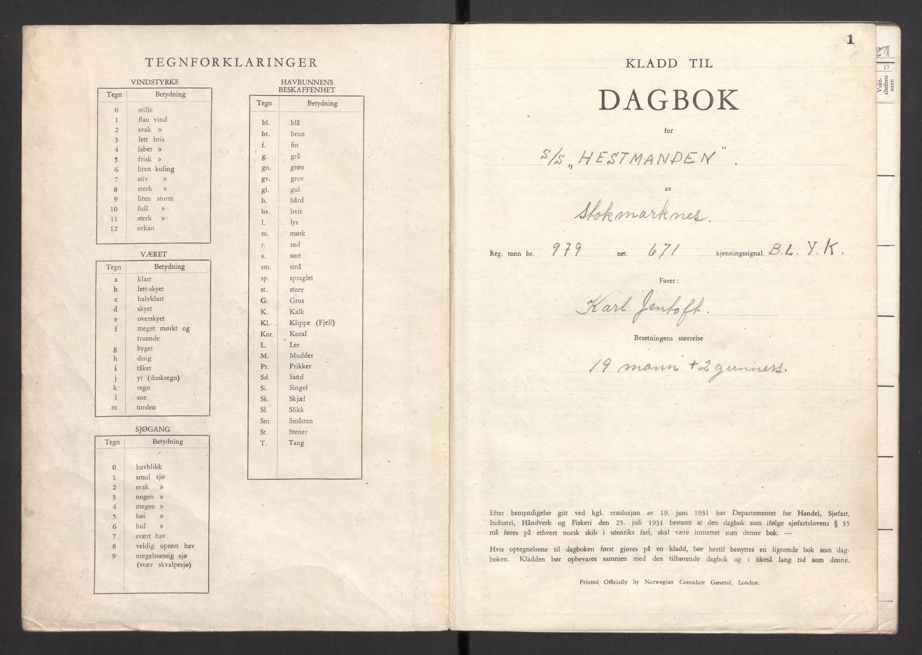 Nortraship, Skipsdagbøker, AV/RA-S-2168/F/L0639/0010: Boknr. 3105 - 3116 / Boknr. 3114 Hestmanden, 1943, p. 1