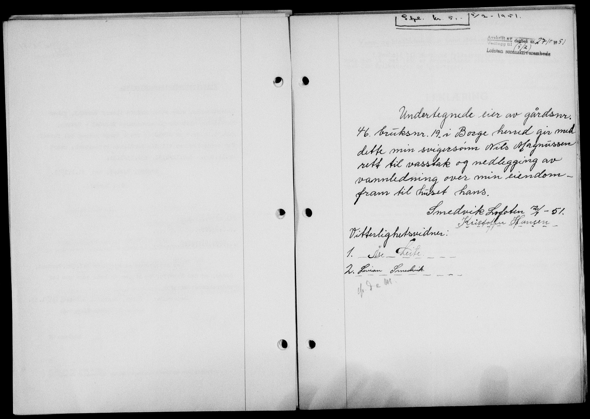 Lofoten sorenskriveri, SAT/A-0017/1/2/2C/L0025a: Mortgage book no. 25a, 1950-1951, Diary no: : 271/1951