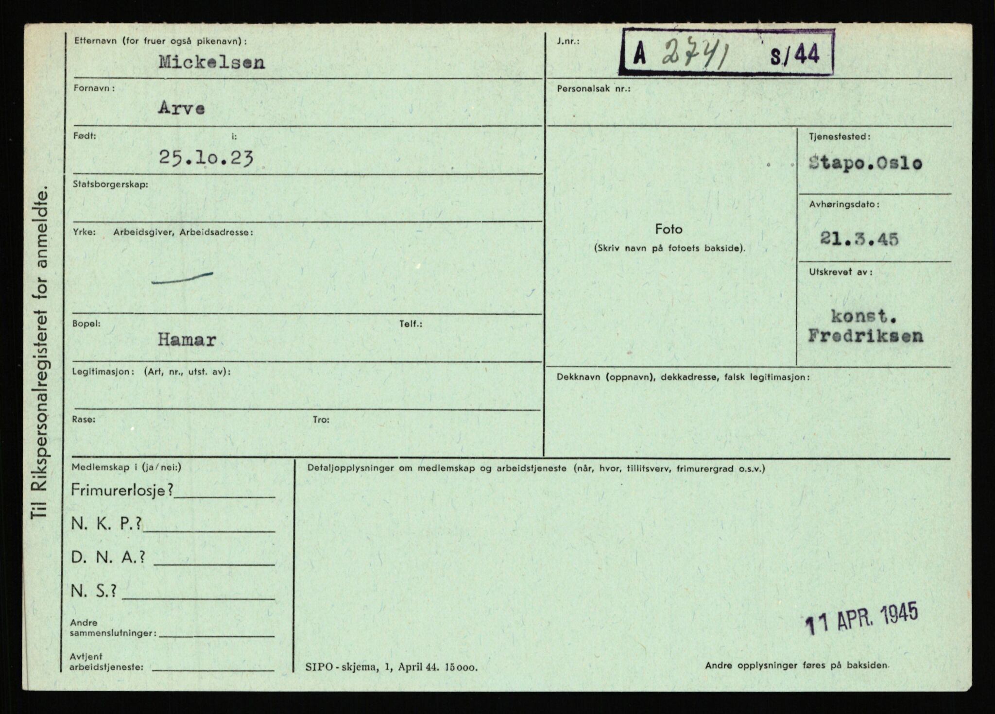 Statspolitiet - Hovedkontoret / Osloavdelingen, AV/RA-S-1329/C/Ca/L0010: Lind - Moksnes, 1943-1945, p. 3957