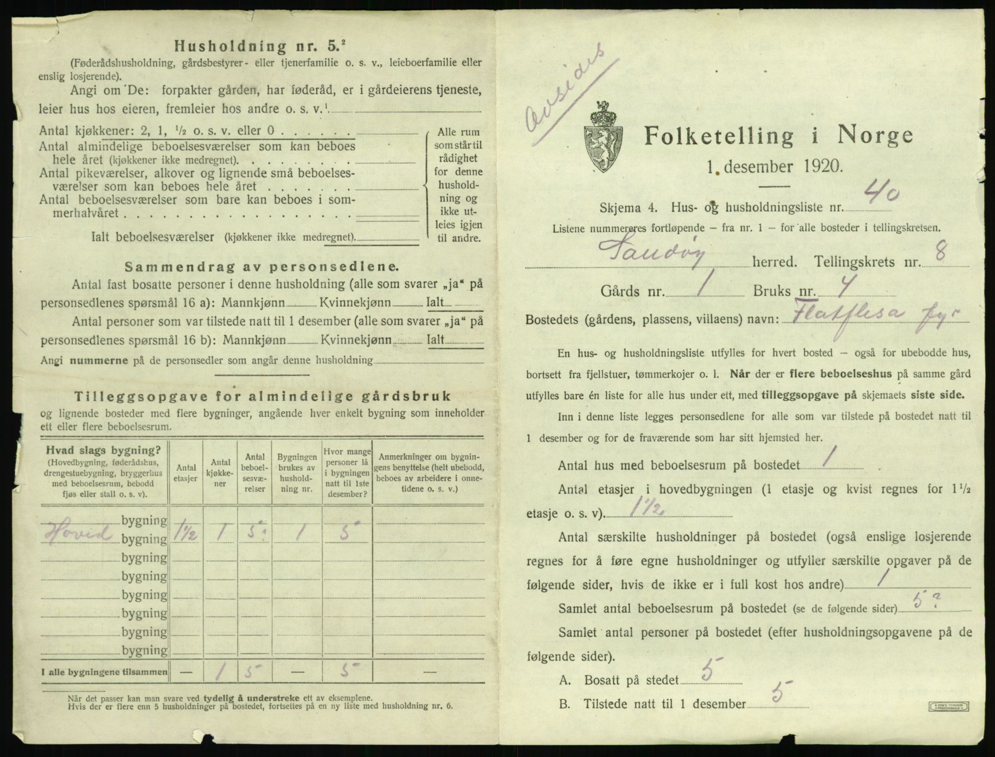 SAT, 1920 census for Sandøy, 1920, p. 436