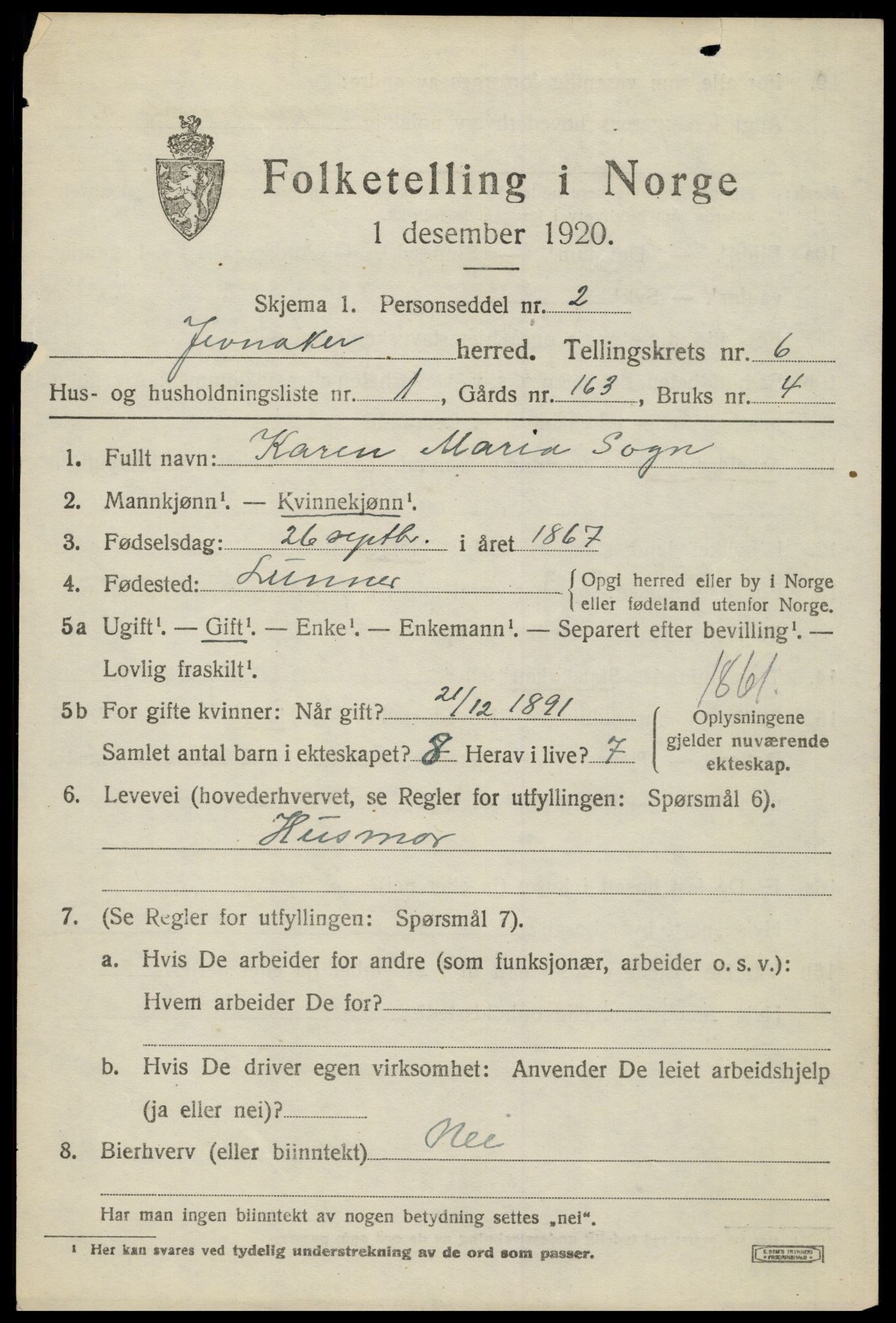 SAH, 1920 census for Jevnaker, 1920, p. 8845