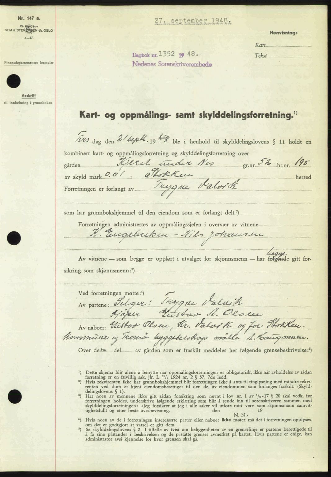 Nedenes sorenskriveri, AV/SAK-1221-0006/G/Gb/Gba/L0059: Mortgage book no. A11, 1948-1948, Diary no: : 1352/1948