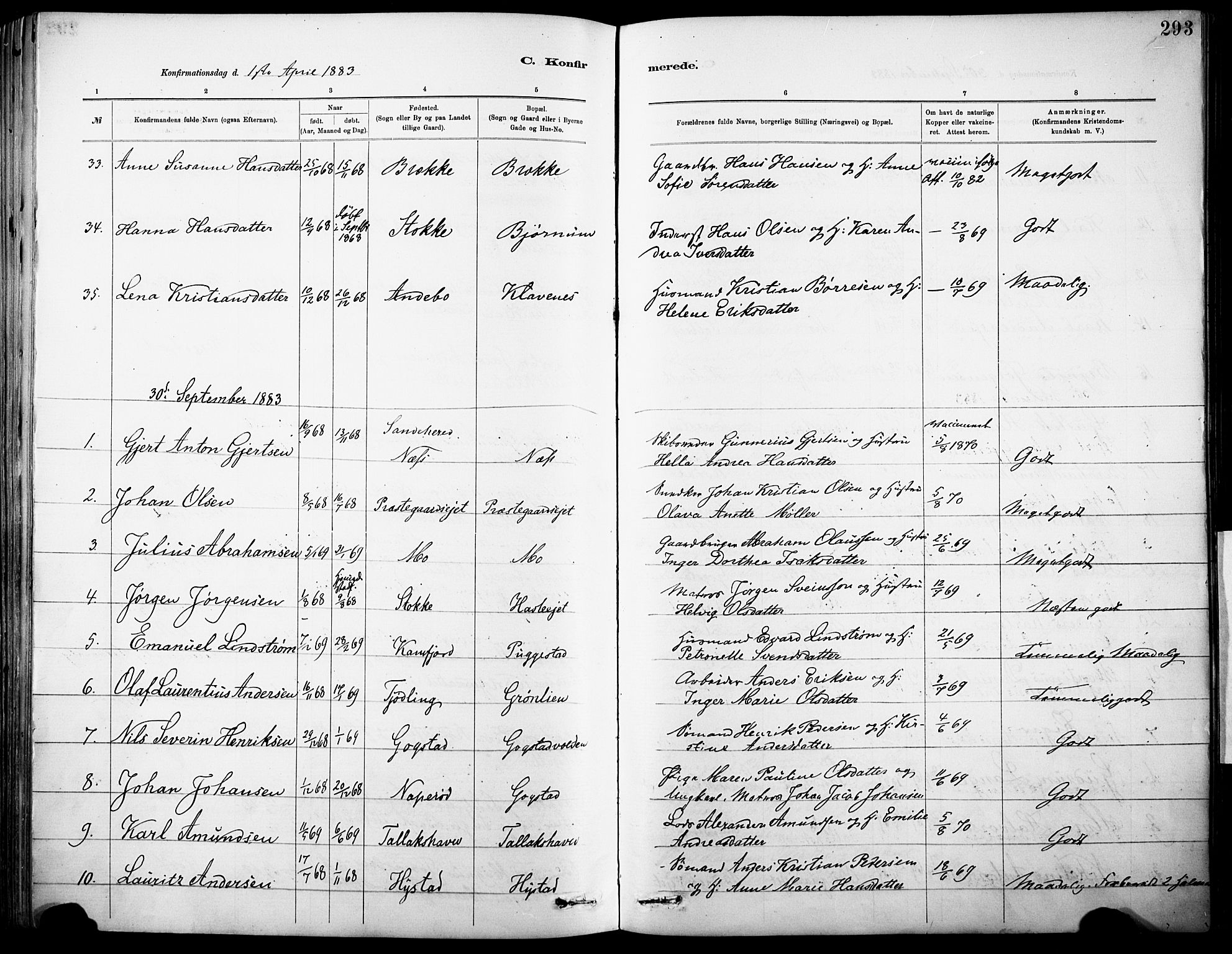 Sandar kirkebøker, AV/SAKO-A-243/F/Fa/L0012: Parish register (official) no. 12, 1883-1895, p. 293