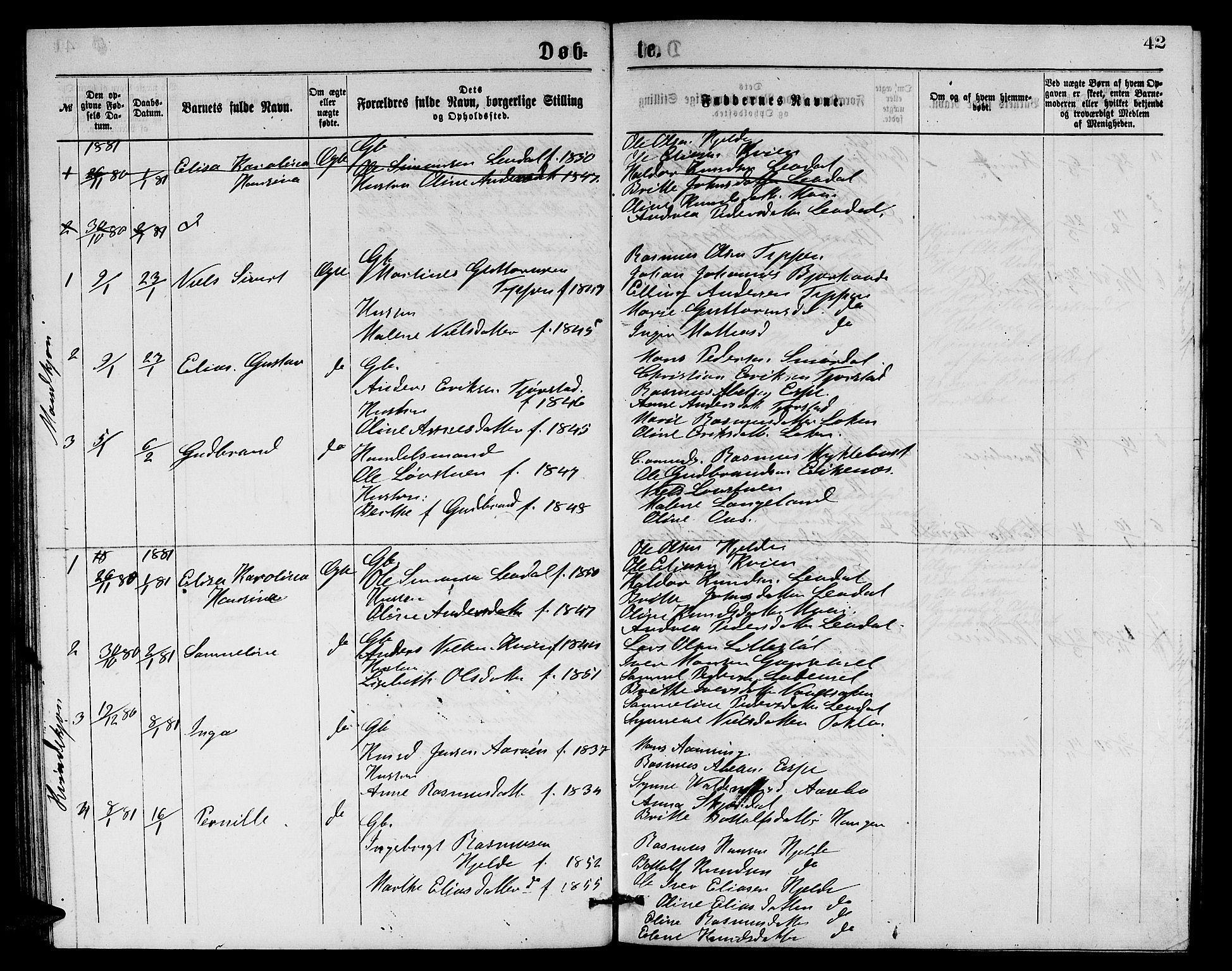 Eid sokneprestembete, AV/SAB-A-82301/H/Hab/Habb/L0001: Parish register (copy) no. B 1, 1877-1882, p. 42