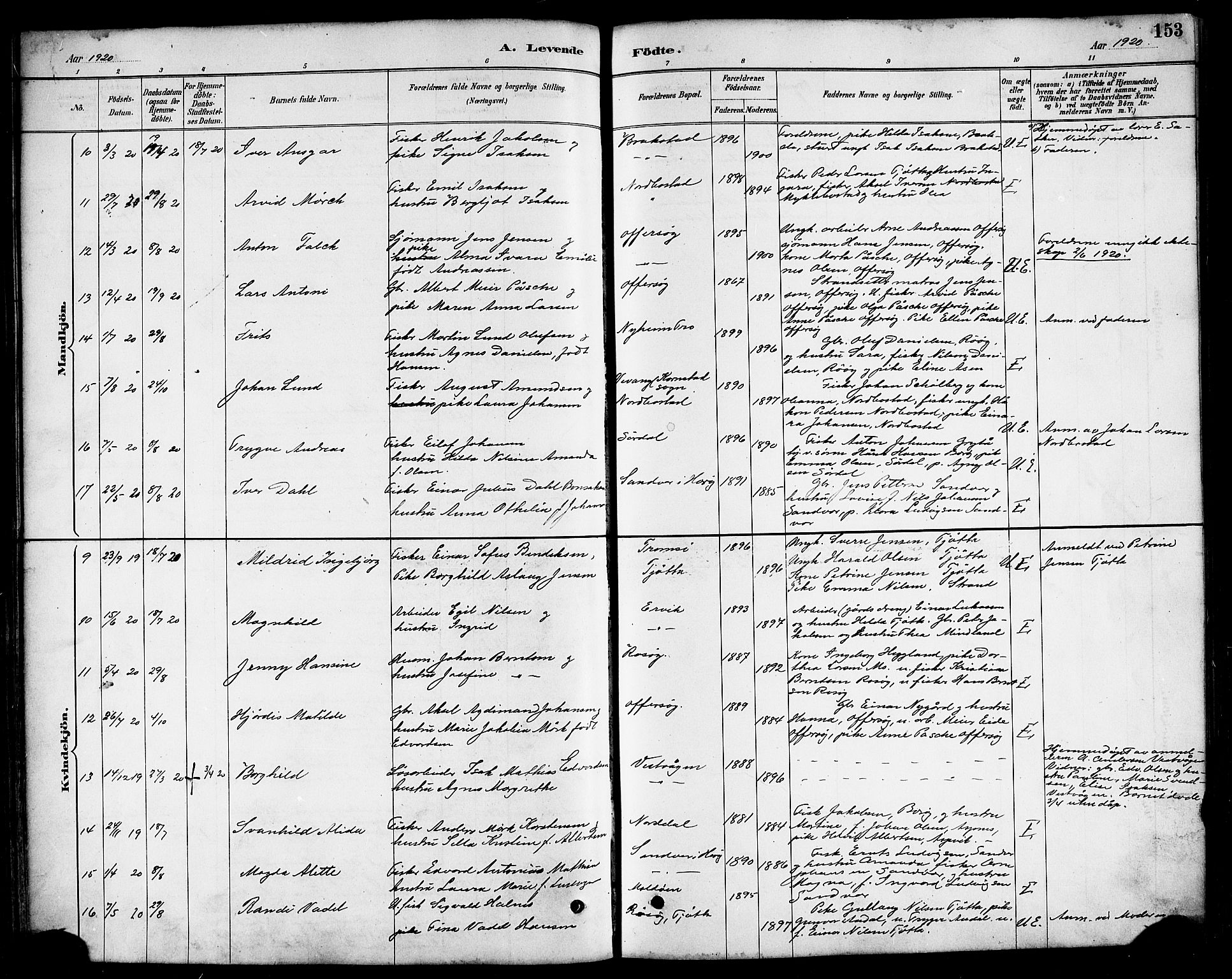 Ministerialprotokoller, klokkerbøker og fødselsregistre - Nordland, AV/SAT-A-1459/817/L0268: Parish register (copy) no. 817C03, 1884-1920, p. 153